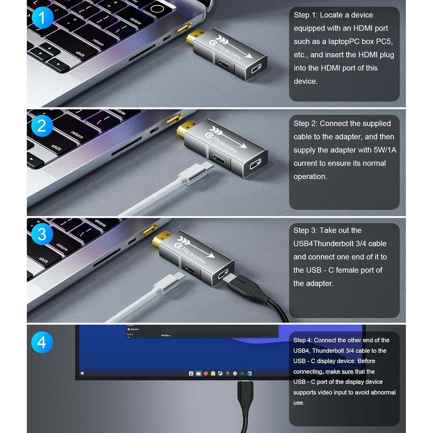HDMI to USB C Adapter 4K 60Hz | Uni-Directional HDMI Source to USB-C Display Adapter for AR Glasses XREAL One、Air 2 Pro/VITURE Pro/RayNeo Air 2s/Rokid,PS5,Portable Monitors - 1 Pack