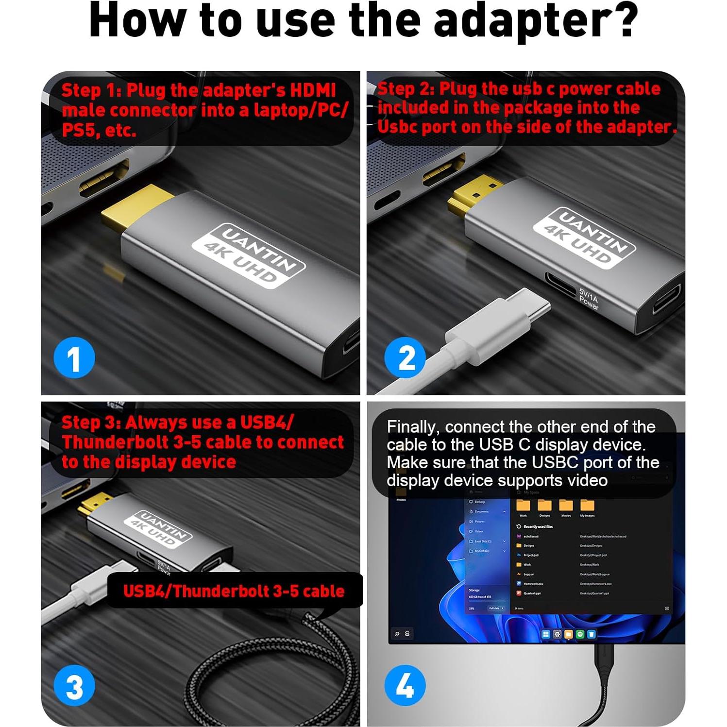 Adaptador HDMI a USB C UANTIN 4K 60Hz Macho a Hembra