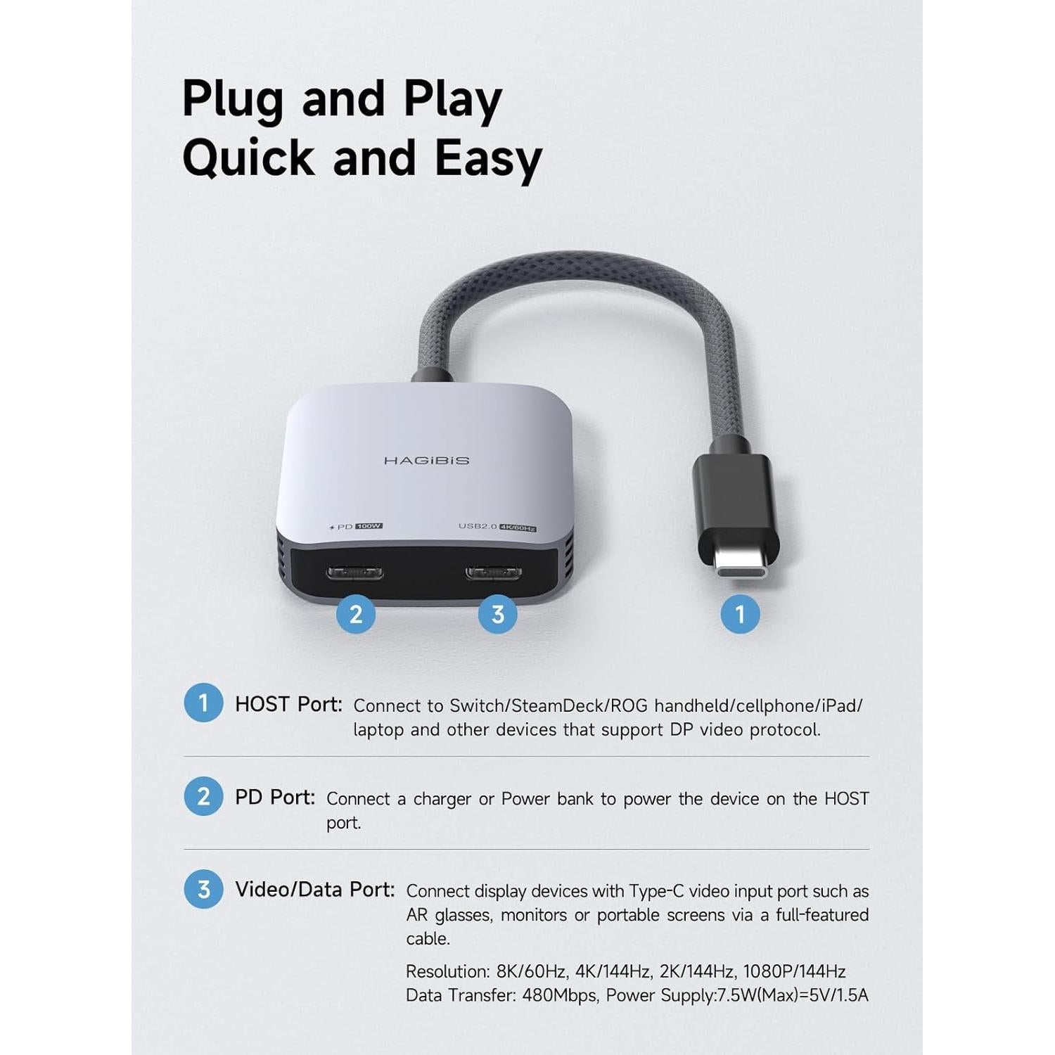 Adaptador USB-C a Gafas AR Hagibis 8K 100W Carga Rápida