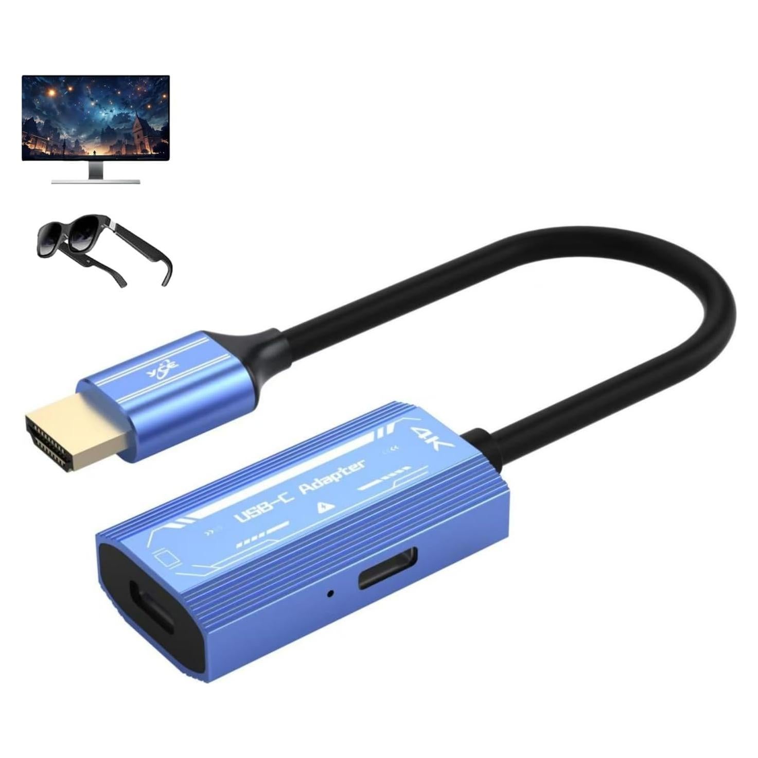 HDMI to USB C Adapter 4K@60Hz, AR Glasses Compatible with XREAL/VITURE/RayNeo/Rokid PD Port, Plug & Play HDMI to Type C Adapter Portable Monitor from PS4,PS5,Xbox,Switch,Laptop,PC