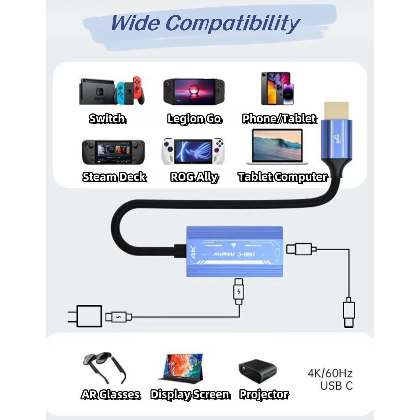 HDMI to USB C Adapter 4K@60Hz, AR Glasses Compatible with XREAL/VITURE/RayNeo/Rokid PD Port, Plug & Play HDMI to Type C Adapter Portable Monitor from PS4,PS5,Xbox,Switch,Laptop,PC