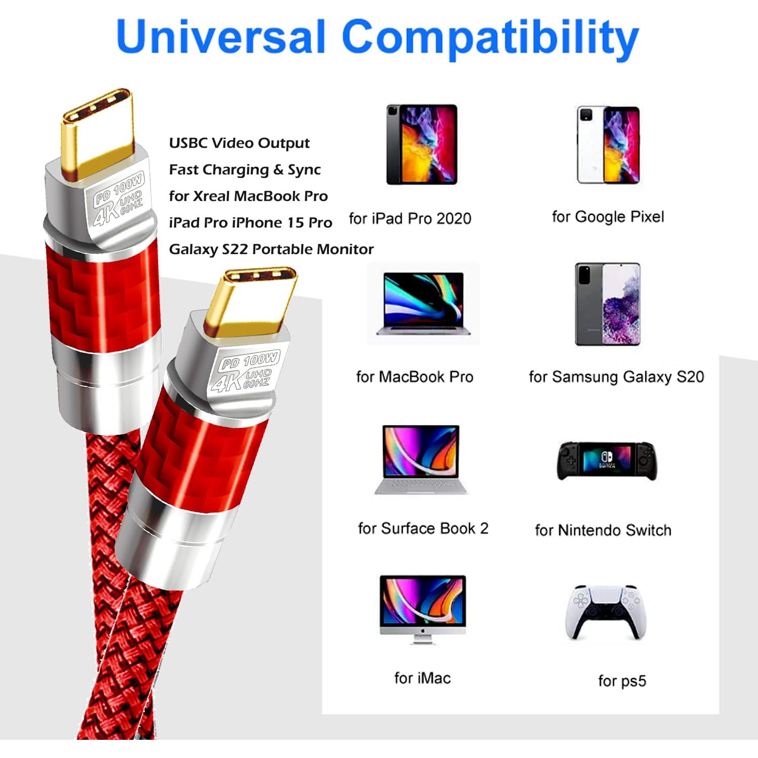 USB C to C Cable 25FT,100W 4K60HZ Type C GEN2x2(Data usb3.1),USB C Video Output From USB3.2/ USB4.0 Fast Charging & Sync for Xreal MacBook Pro iPad Pro iPhone 15 Pro Galaxy S22 Portable Monitor