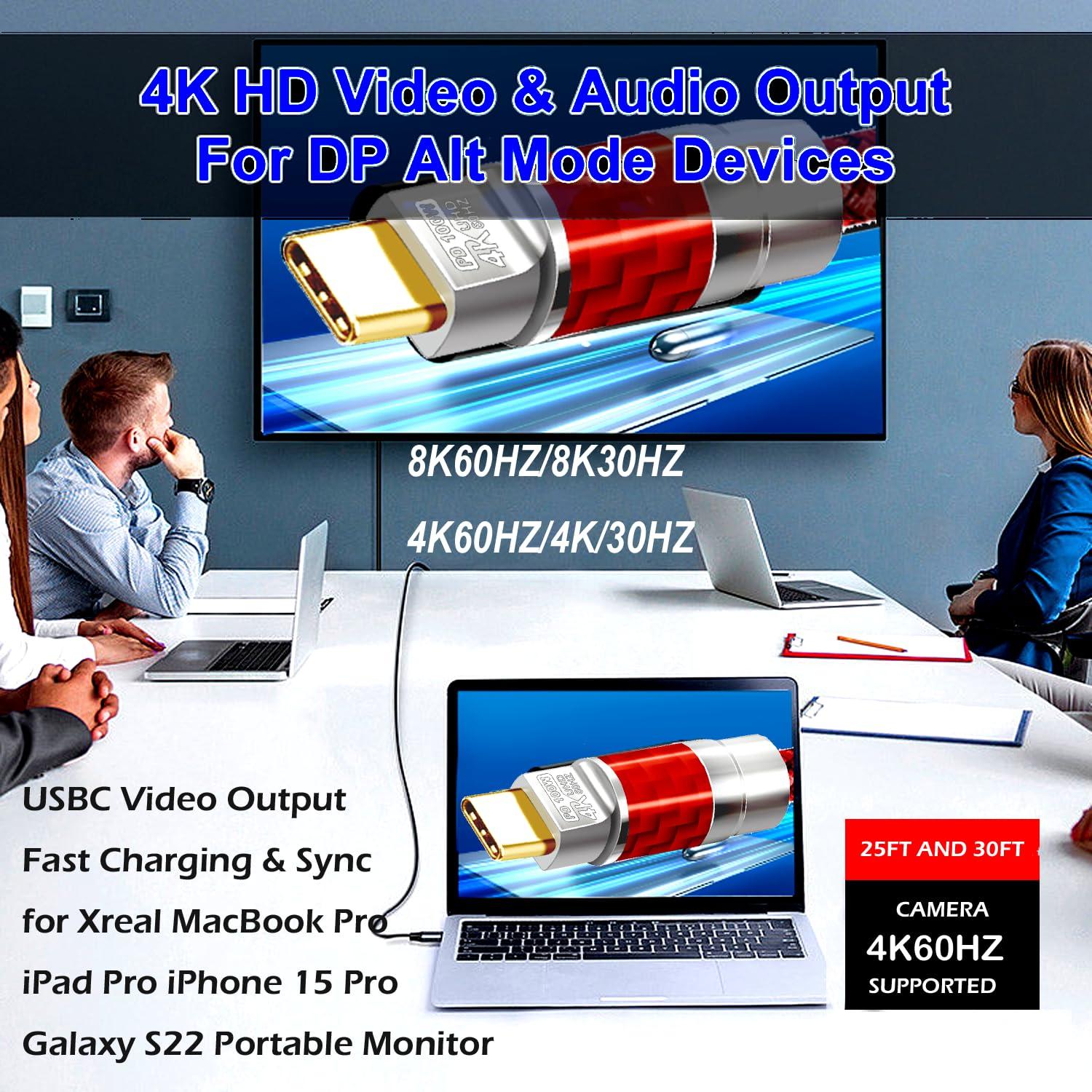 USB C to C Cable 25FT,100W 4K60HZ Type C GEN2x2(Data usb3.1),USB C Video Output From USB3.2/ USB4.0 Fast Charging & Sync for Xreal MacBook Pro iPad Pro iPhone 15 Pro Galaxy S22 Portable Monitor