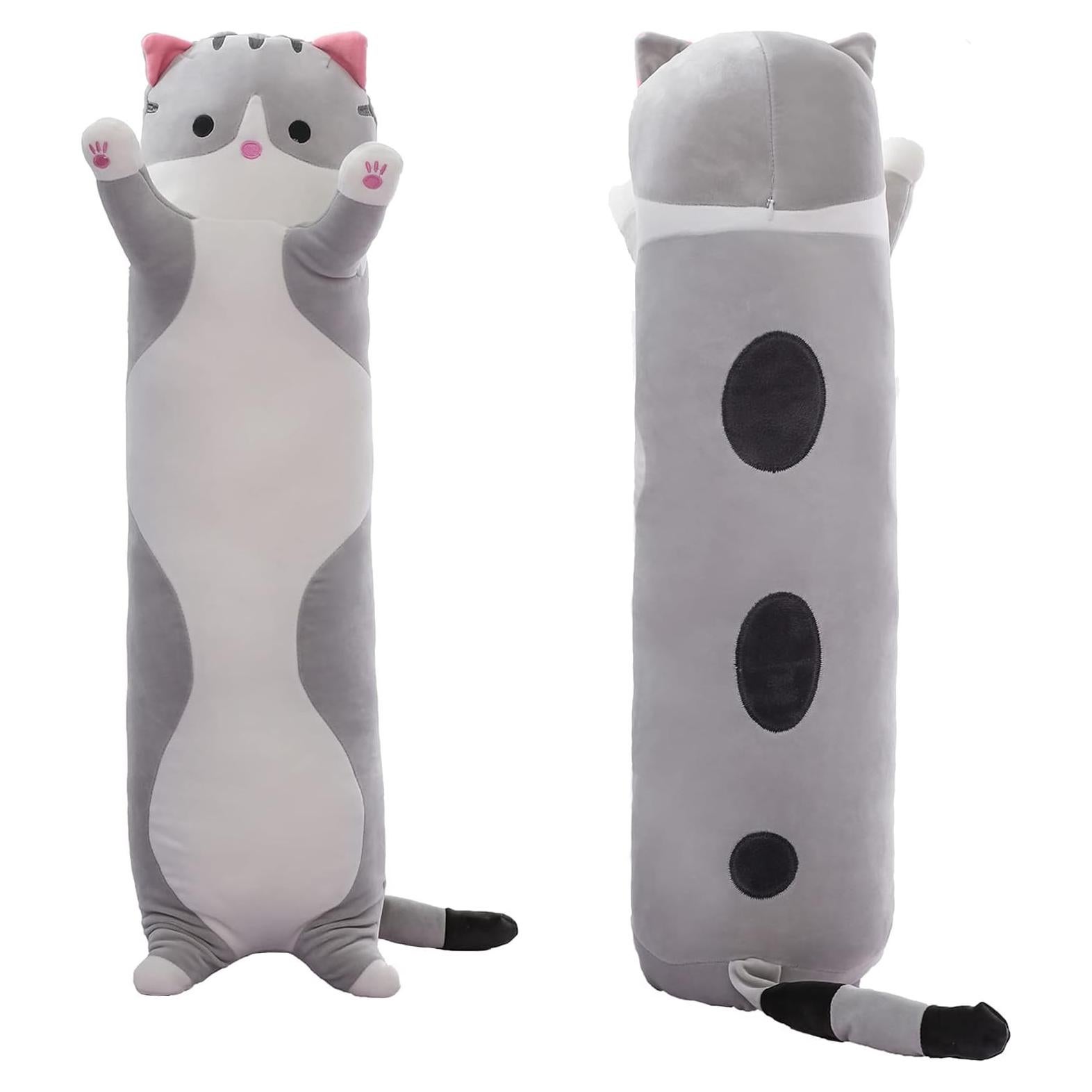 Cute Cat Plush Long Body Pillow – Soft Cartoon Stuffed Animal Doll, Kawaii Cat Plushie Christmas Toy Gift for Kids, Girls & Girlfriend (Gray, 19.7 Inch)