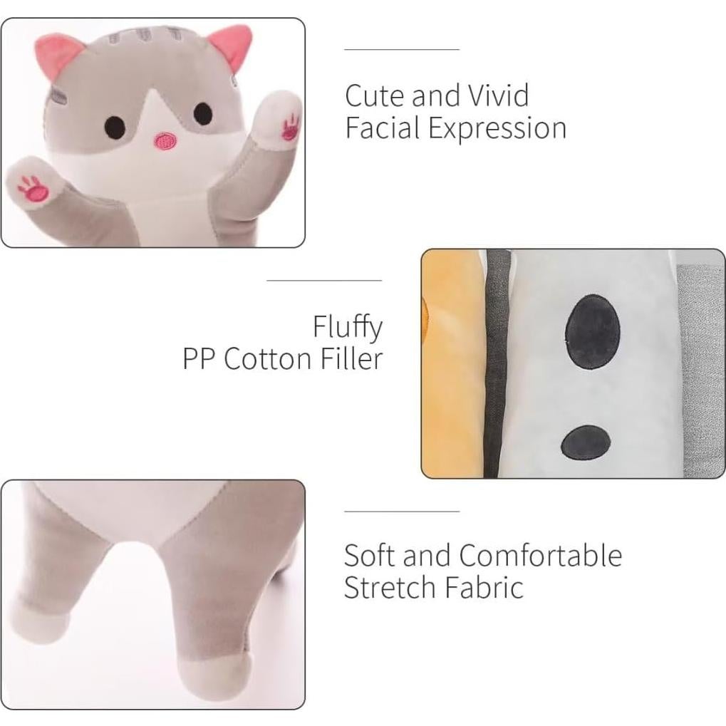 Cute Cat Plush Long Body Pillow – Soft Cartoon Stuffed Animal Doll, Kawaii Cat Plushie Christmas Toy Gift for Kids, Girls & Girlfriend (Gray, 19.7 Inch)