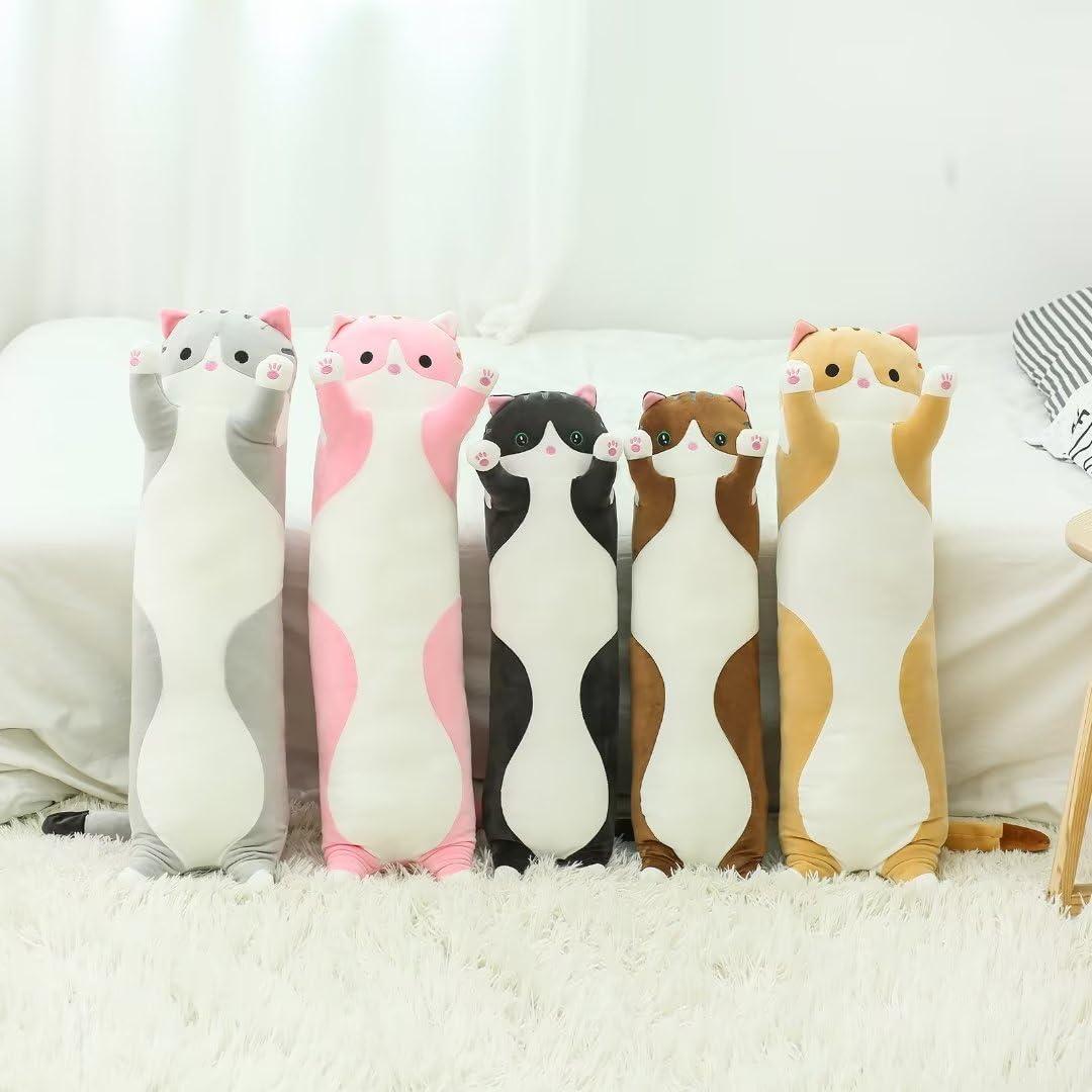 Cute Cat Plush Long Body Pillow – Soft Cartoon Stuffed Animal Doll, Kawaii Cat Plushie Christmas Toy Gift for Kids, Girls & Girlfriend (Gray, 19.7 Inch)