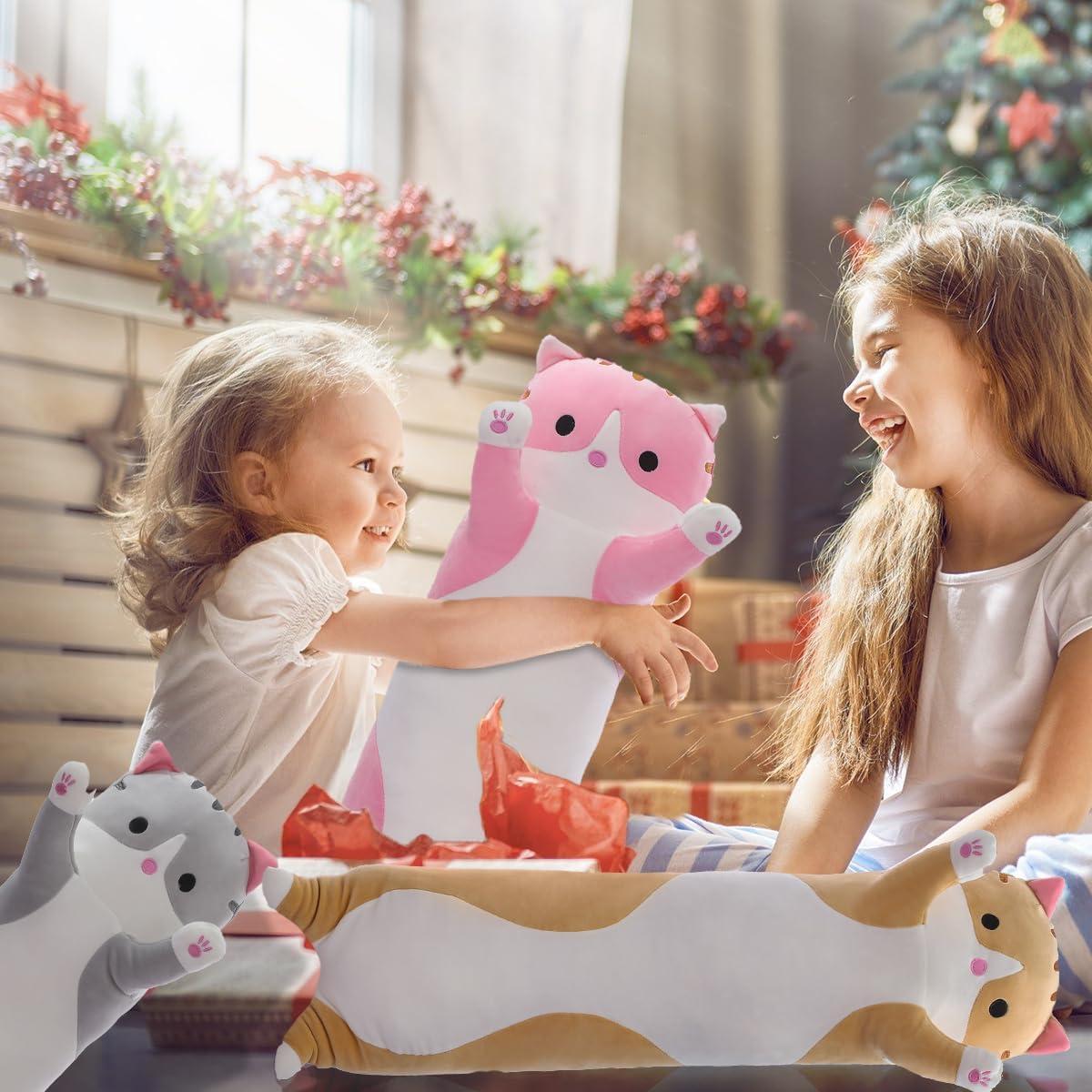 Cute Cat Plush Long Body Pillow – Soft Cartoon Stuffed Animal Doll, Kawaii Cat Plushie Christmas Toy Gift for Kids, Girls & Girlfriend (Gray, 19.7 Inch)