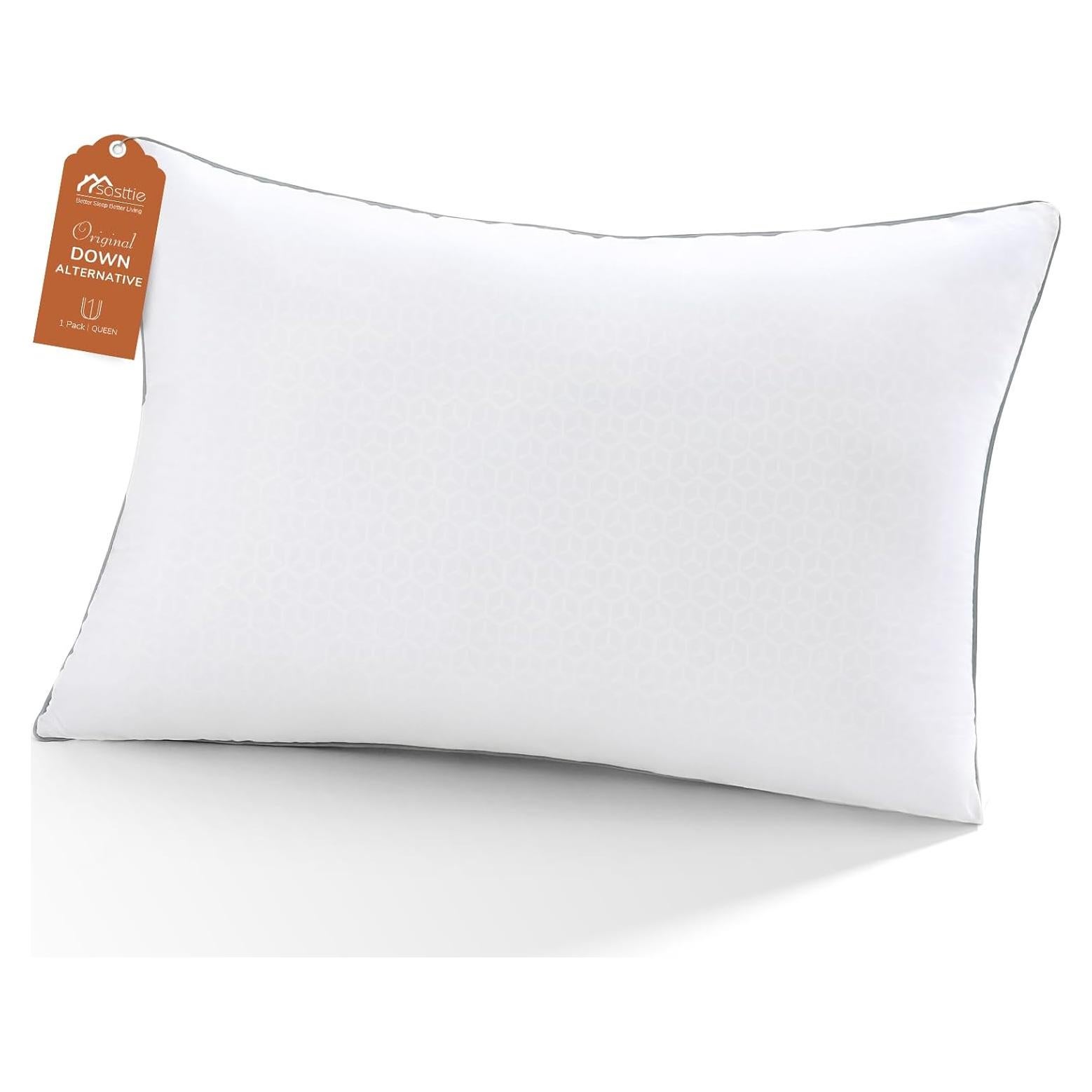 Sasttie Queen Size Pillow, Hotel Collection Single Bed Pillow for Side, Back, and Stomach Sleepers - Down Alternative Plump Filling - White, Set of 1, Queen, 20x30 Inches