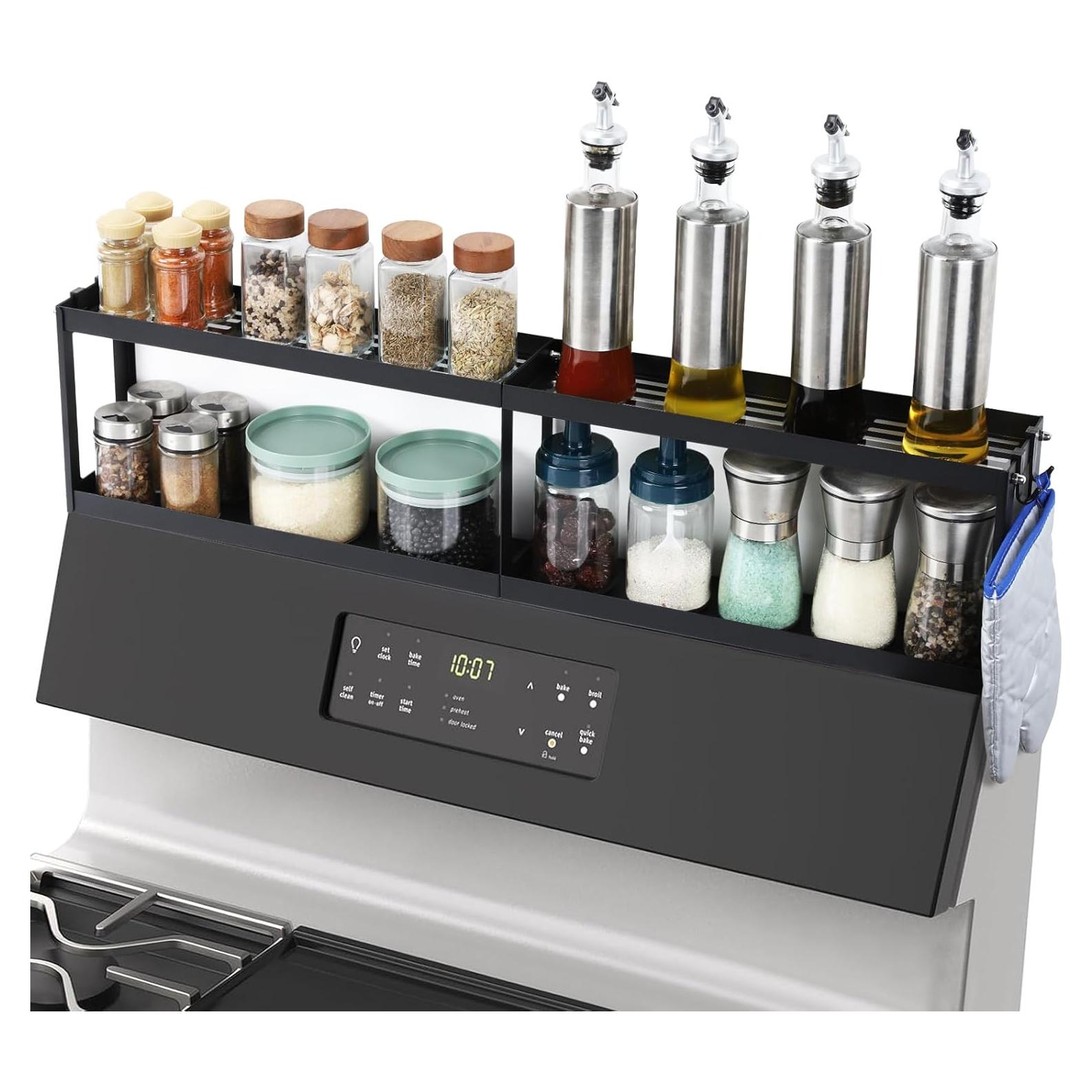 OTraki 2 Tier Strong Magnetic Oven Shelf 30 Inch Length Spice Rack Over The Stove Shelf with 2 Anti-Slip Mats Seasoning & 4 Hooks Kitchen Spice Storage Organizer Black