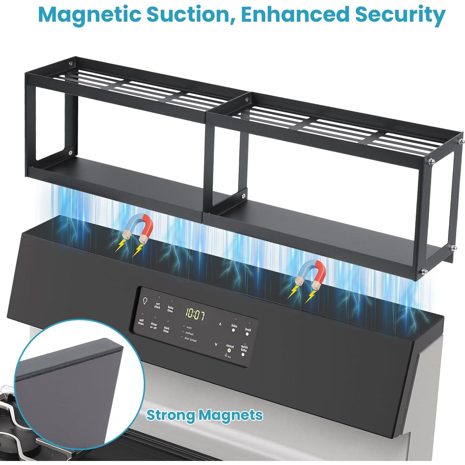 OTraki 2 Tier Strong Magnetic Oven Shelf 30 Inch Length Spice Rack Over The Stove Shelf with 2 Anti-Slip Mats Seasoning & 4 Hooks Kitchen Spice Storage Organizer Black