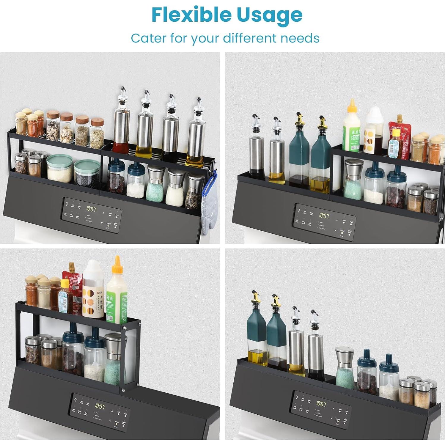 OTraki 2 Tier Strong Magnetic Oven Shelf 30 Inch Length Spice Rack Over The Stove Shelf with 2 Anti-Slip Mats Seasoning & 4 Hooks Kitchen Spice Storage Organizer Black