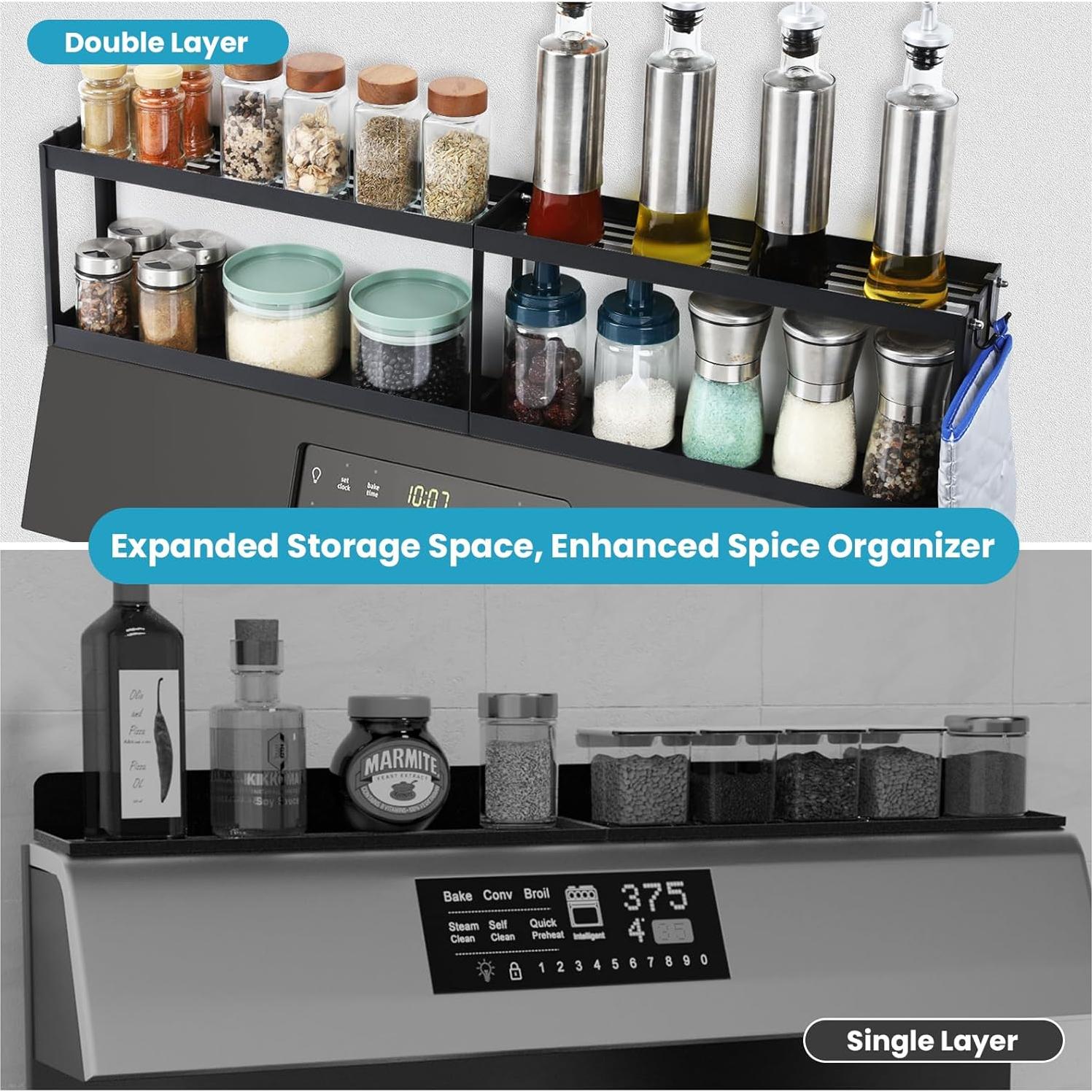 OTraki 2 Tier Strong Magnetic Oven Shelf 30 Inch Length Spice Rack Over The Stove Shelf with 2 Anti-Slip Mats Seasoning & 4 Hooks Kitchen Spice Storage Organizer Black