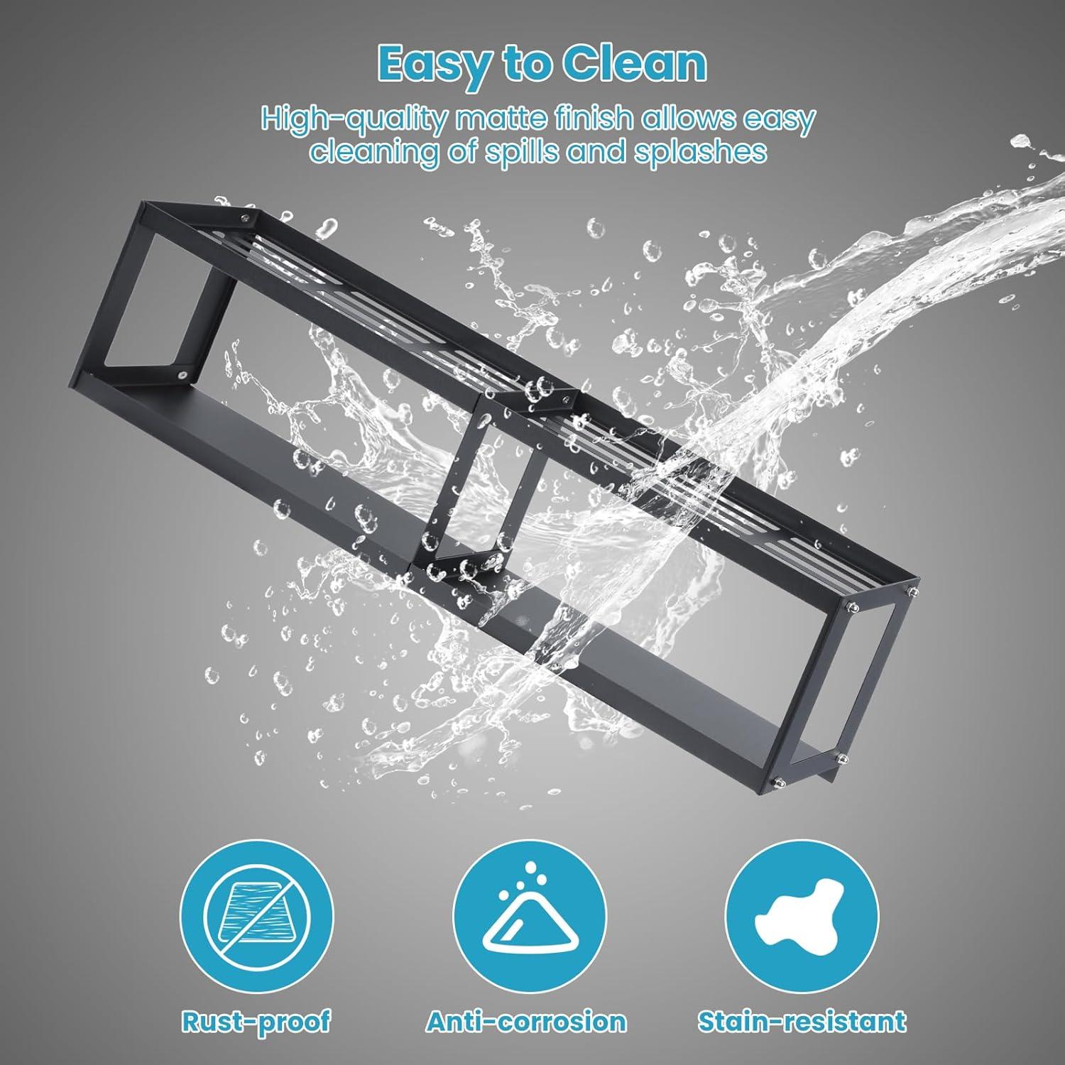 OTraki 2 Tier Strong Magnetic Oven Shelf 30 Inch Length Spice Rack Over The Stove Shelf with 2 Anti-Slip Mats Seasoning & 4 Hooks Kitchen Spice Storage Organizer Black