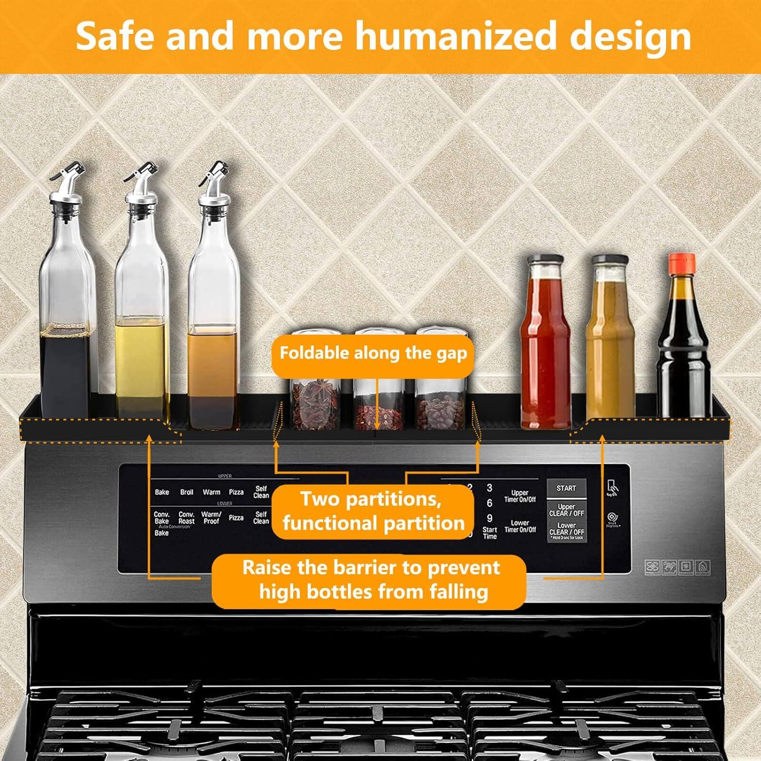 Silicone Stove Top Shelf 30" Magnetic Over Stove Top Shelf for Kitchen Oven for Back with Zero Installation Over the Stove Spice Rack With Partition And Perimeter Fence