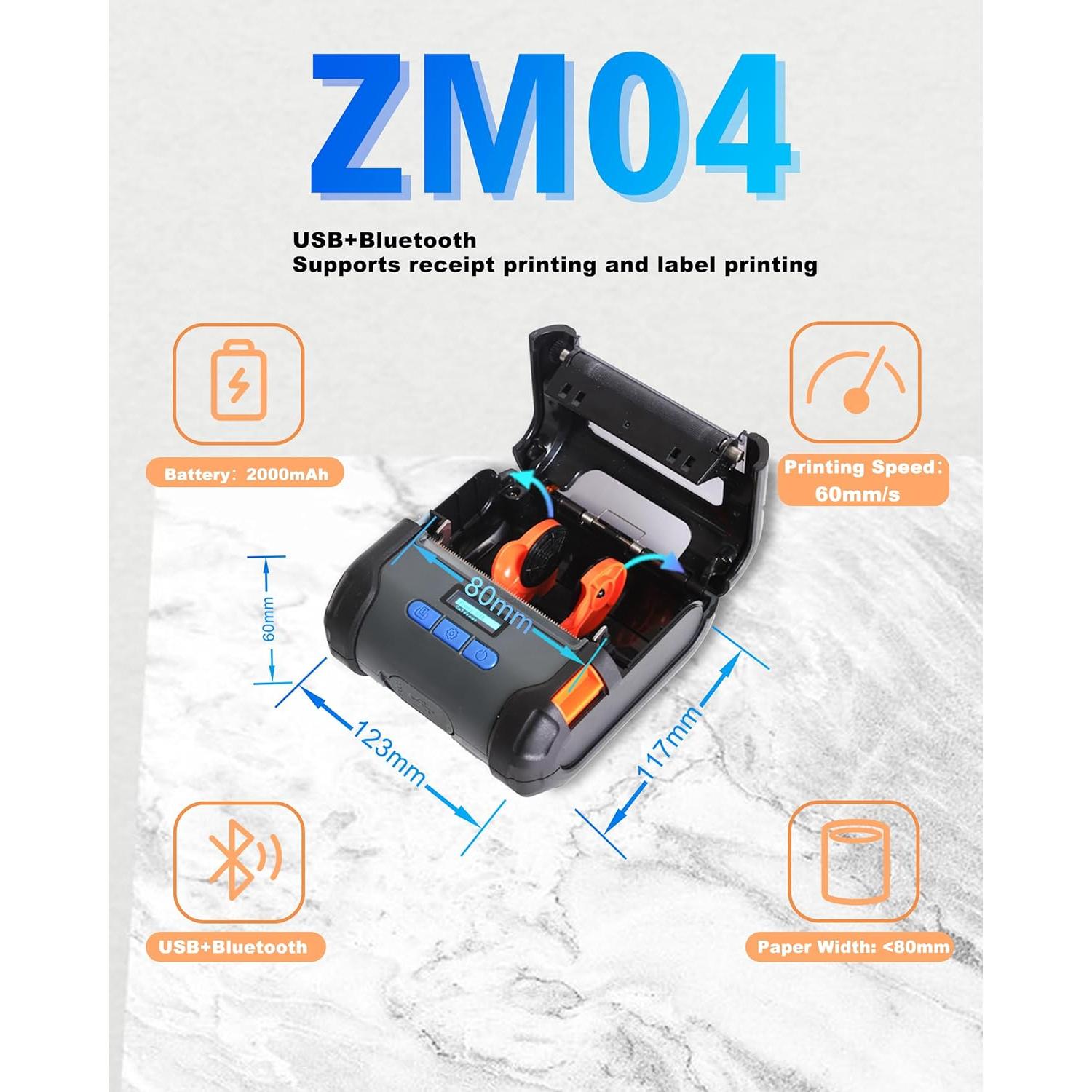 Impresora Térmica ZYWELL ZM04 Mini Inalámbrica 58mm/80mm