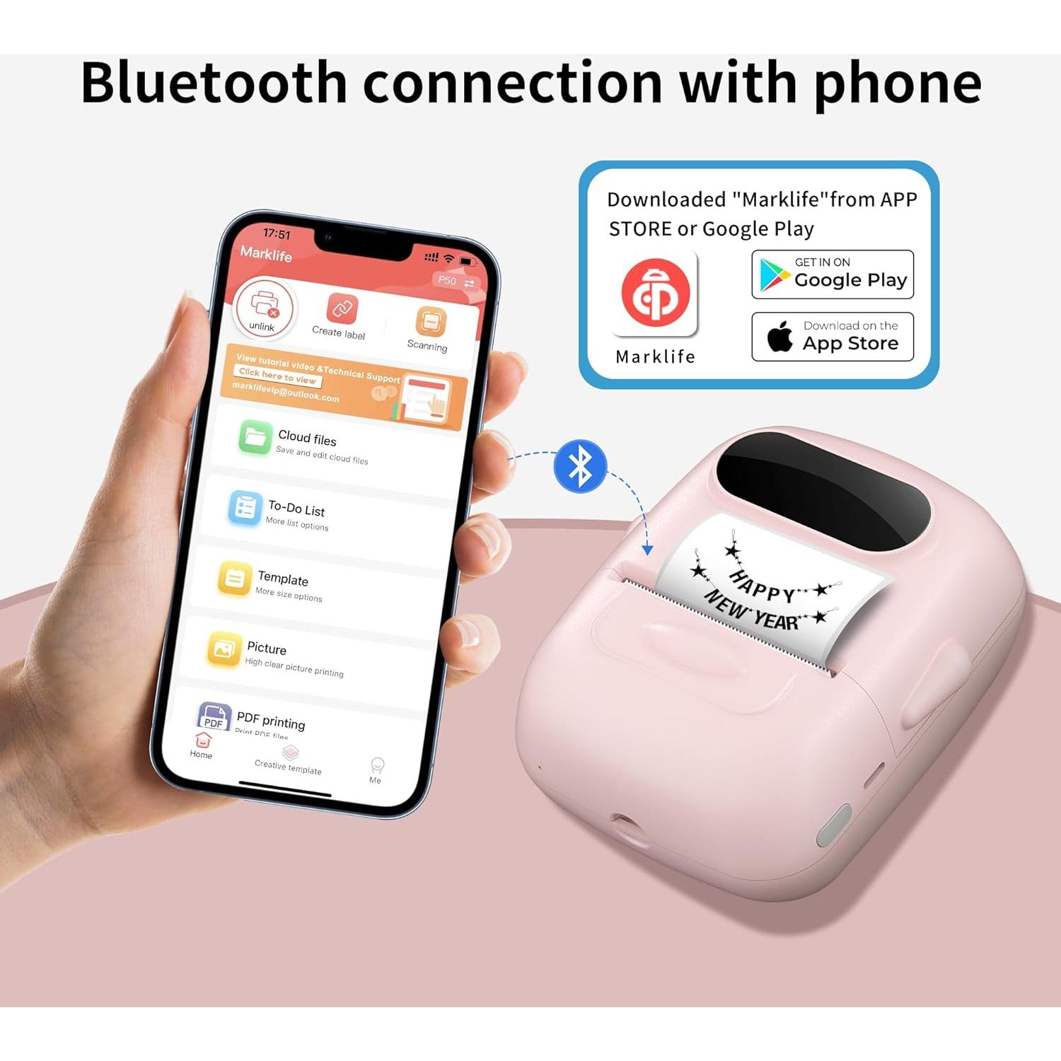 Impresora de Etiquetas Térmica Bluetooth P50 Rosa 40x30mm