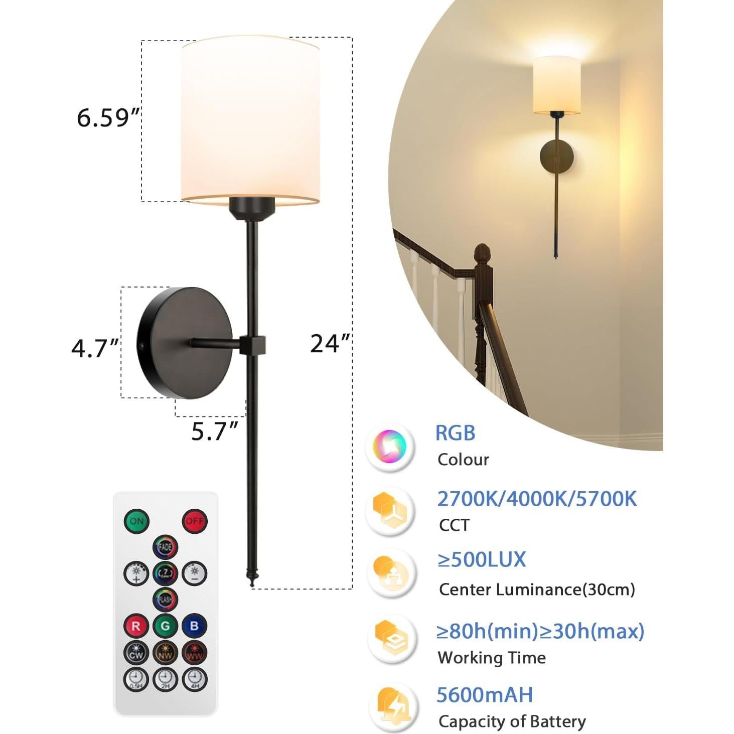 Juego de Apliques de Pared Adetu, 2 Unidades, Recargables, RGB