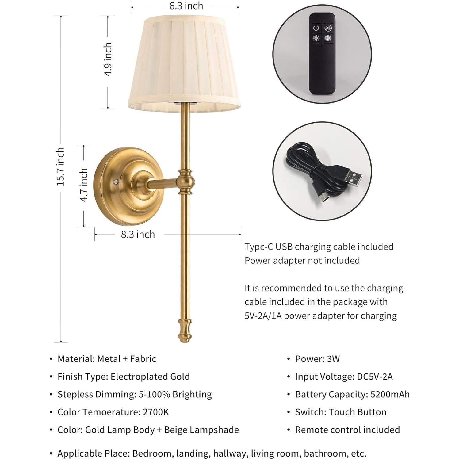 Aplique de Pared Inalámbrico KDG LED 5200mAh 2 Piezas Dorado