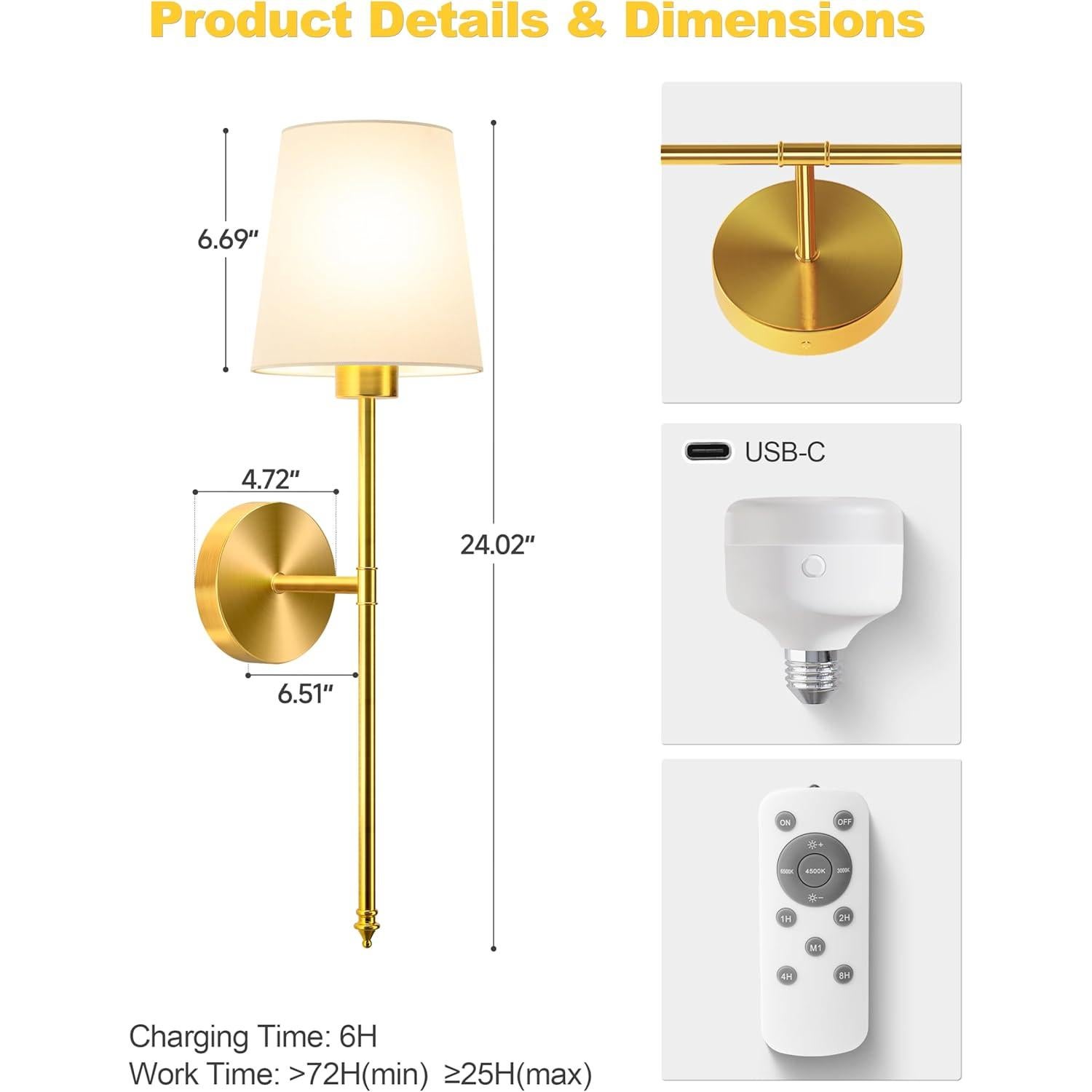 Apliques de Pared Inalámbricos JOFIOS Dorados 61cm Juego de 2