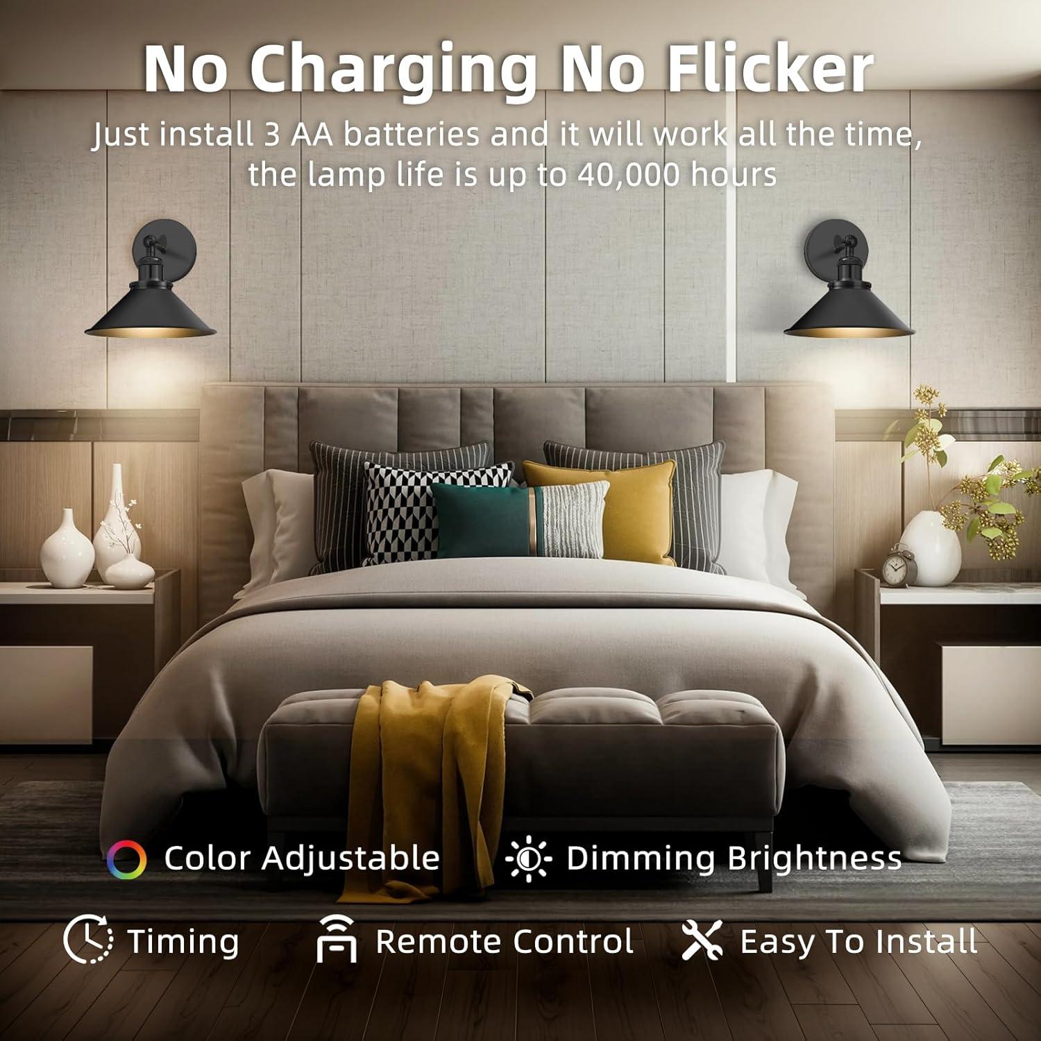 Juego de 2 Apliques de Pared Inalámbricos LED ZornLots Negro