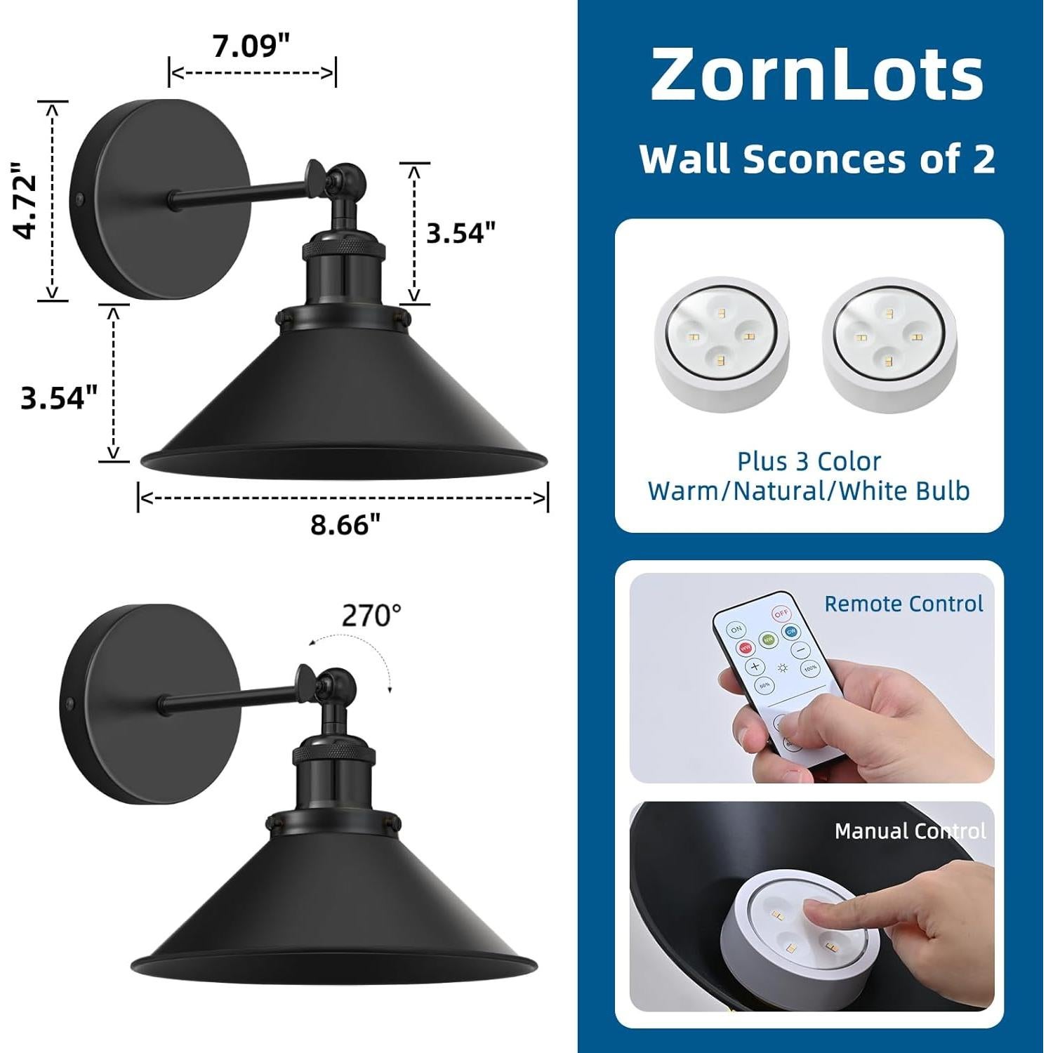 Juego de 2 Apliques de Pared Inalámbricos LED ZornLots Negro