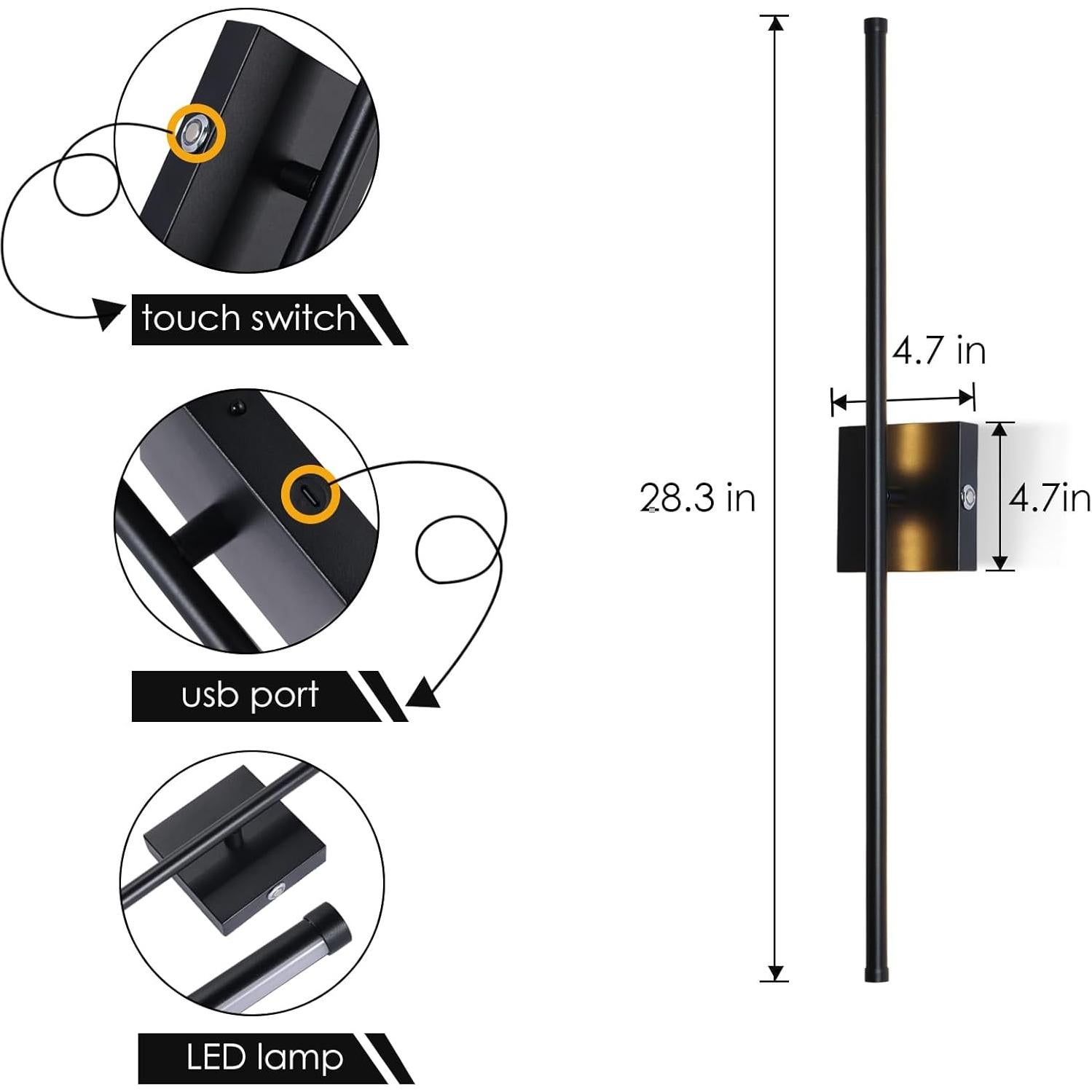 Aplique de pared LED Morpholife negro 28.3" recargable USB