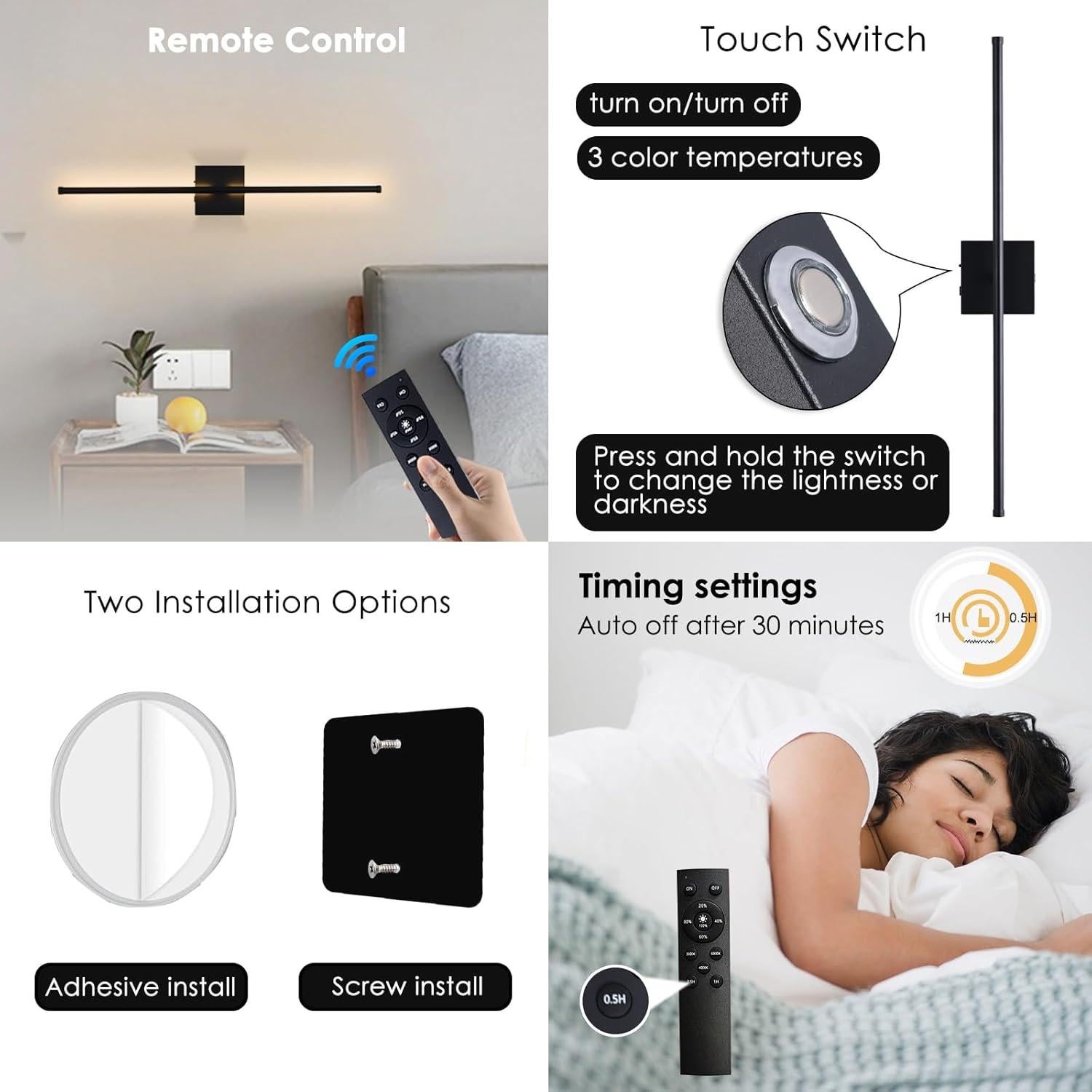 Aplique de pared LED Morpholife negro 28.3" recargable USB