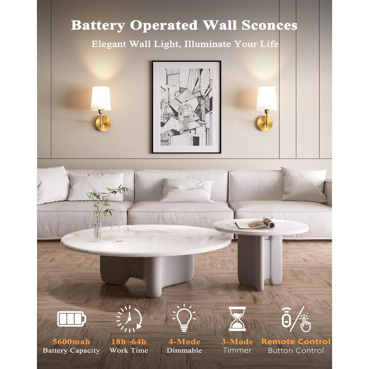 Juego de 2 Apliques de Pared Inalámbricos Ouyulong Dorado