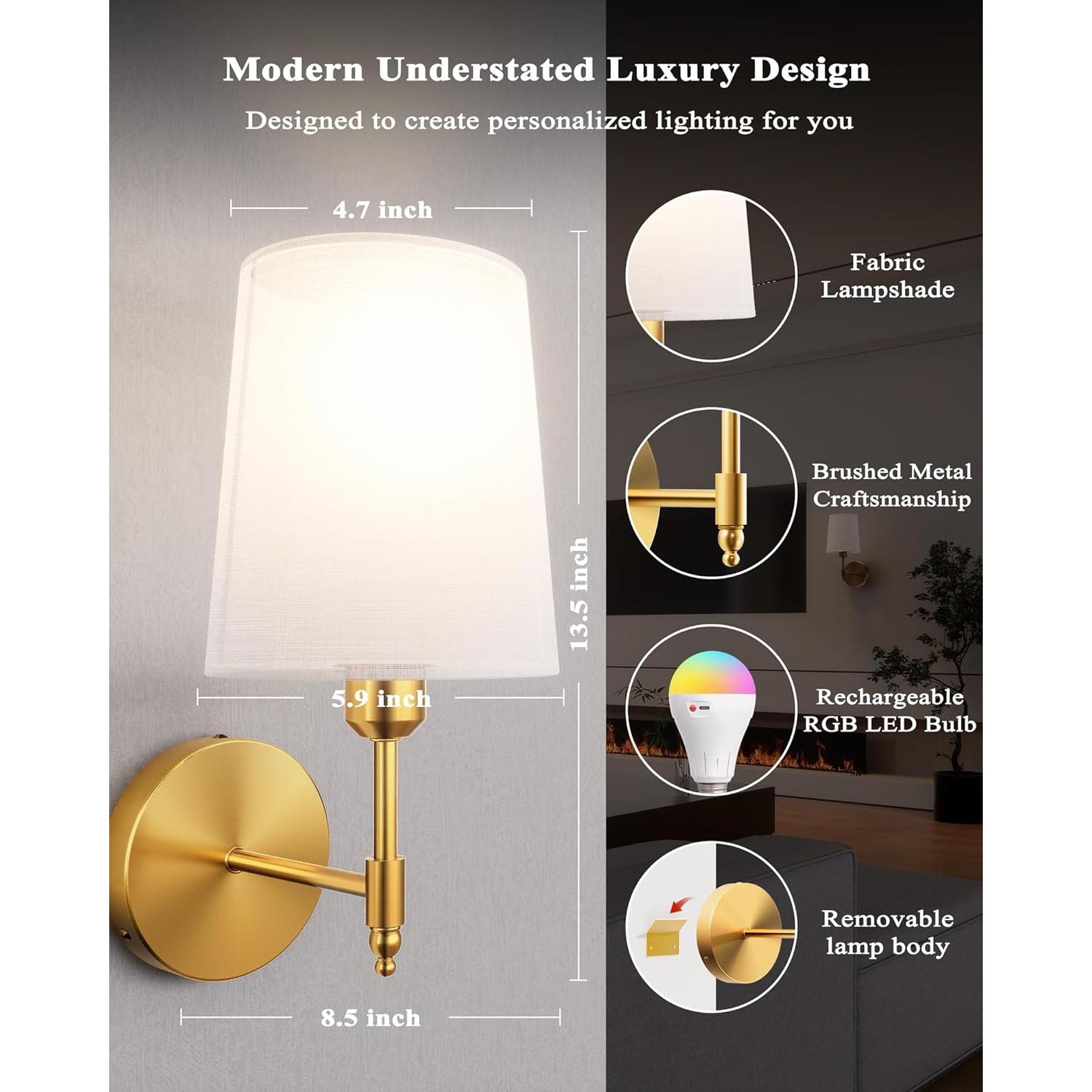 Juego de 2 Apliques de Pared Inalámbricos Ouyulong Dorado