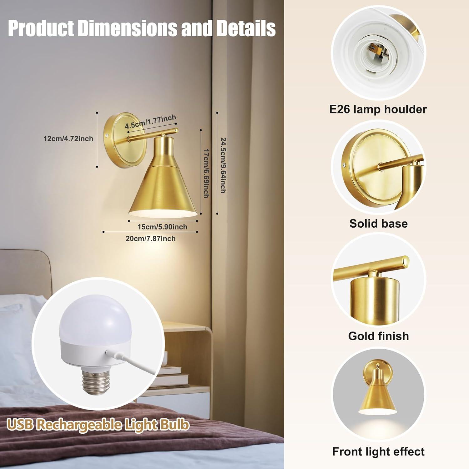 Juego de 2 Apliques de Pared Recargables Bailoch Dorados 300LM