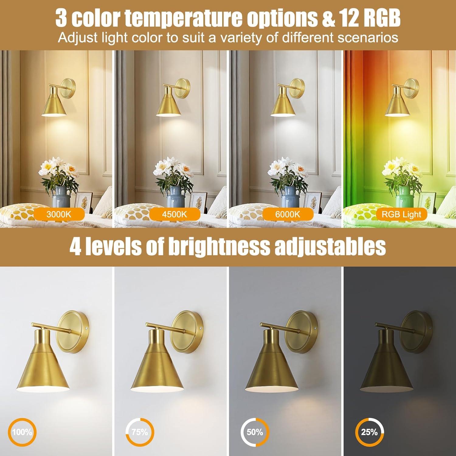 Juego de 2 Apliques de Pared Recargables Bailoch Dorados 300LM