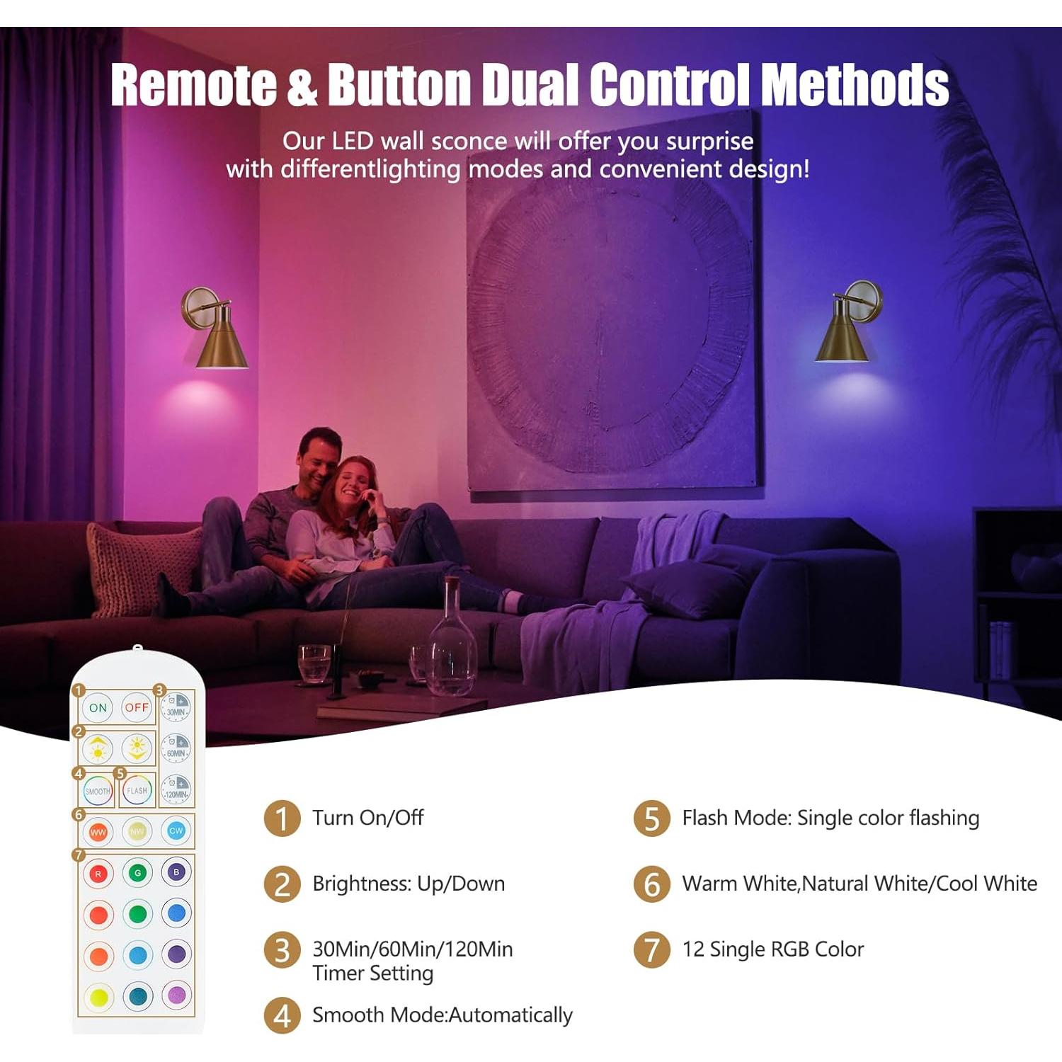 Juego de 2 Apliques de Pared Recargables Bailoch Dorados 300LM