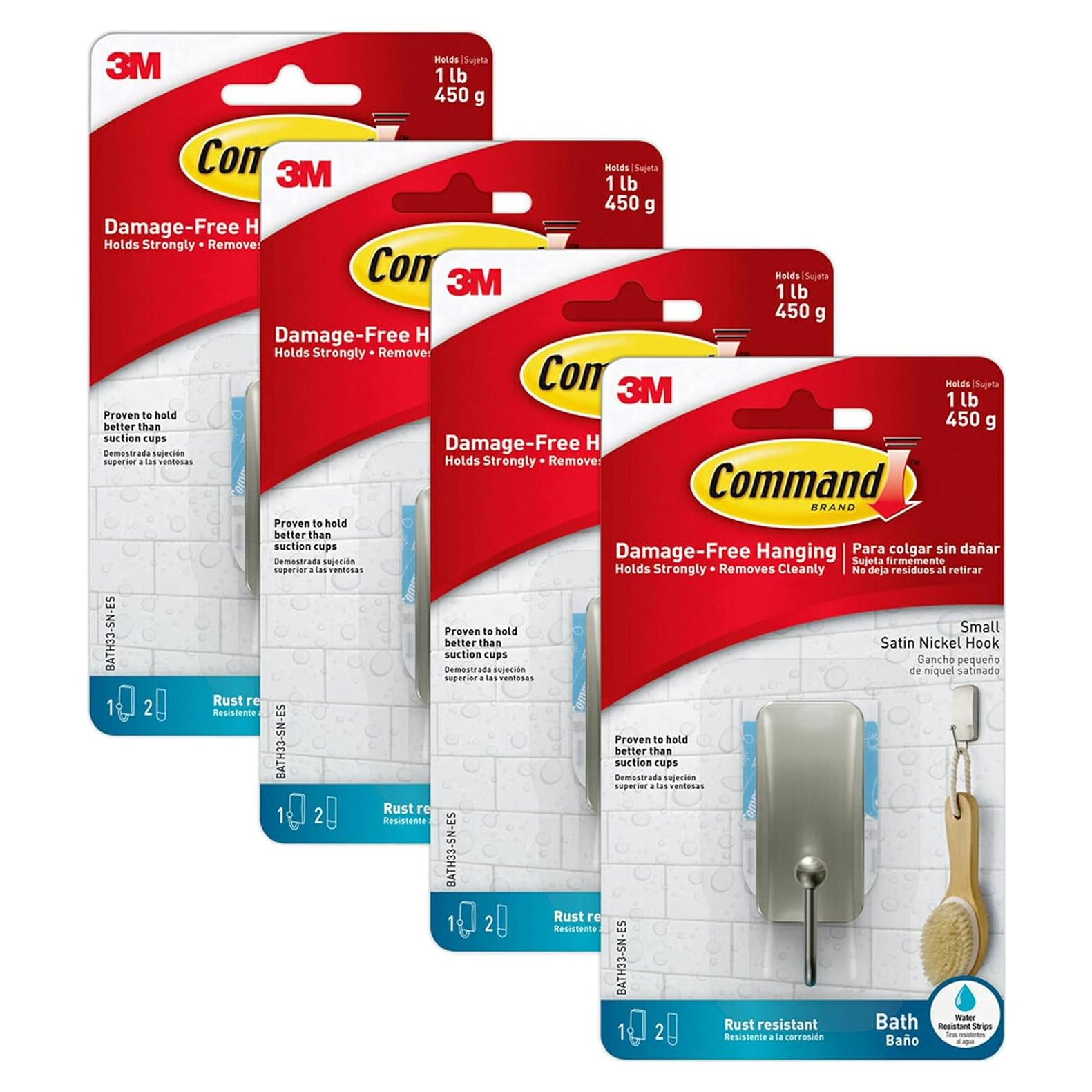 Ganchos de Baño Command BATH33-SN-ES, Niquel Satinado, 4 Piezas