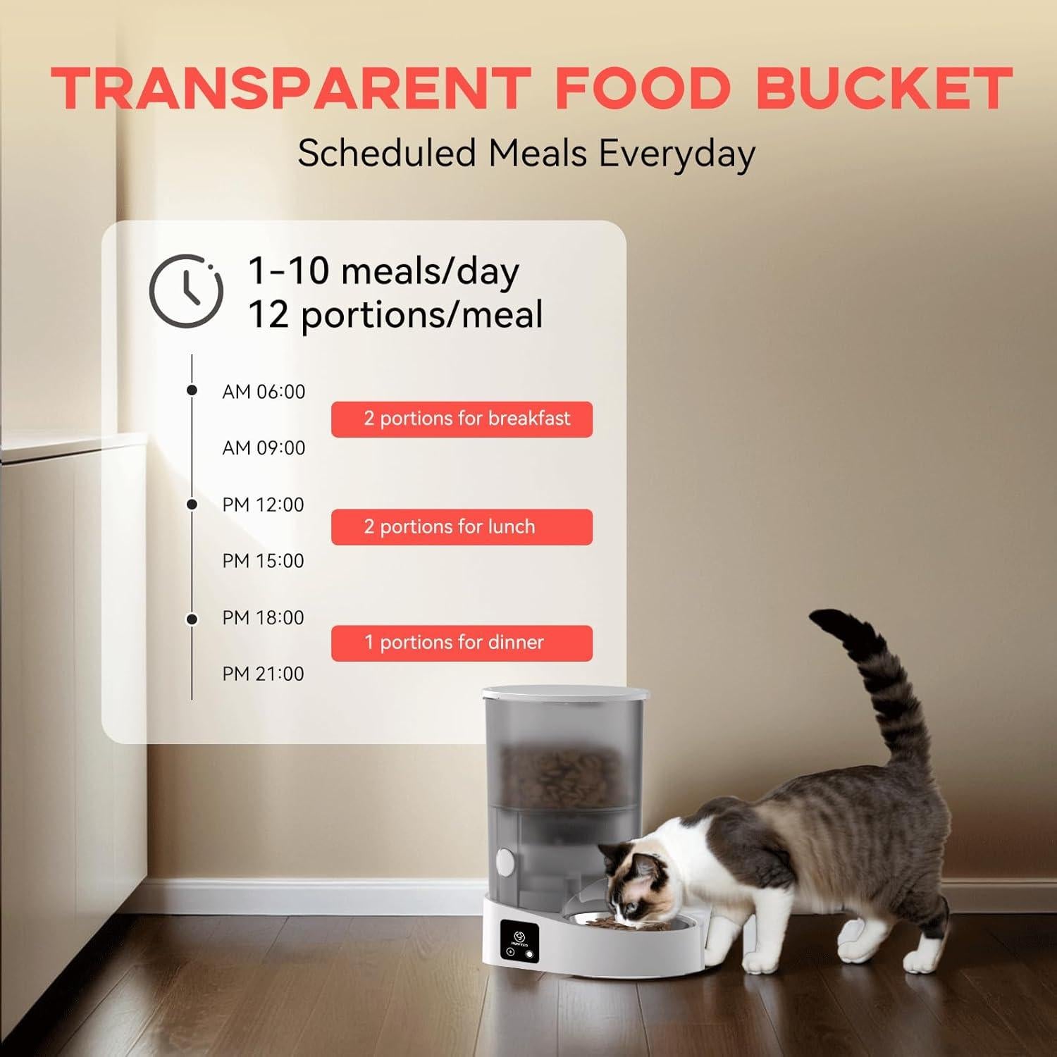 Automatic Cat Feeder with Rechargeable Battery WiFi App 4L Pet Feeder, AC Adapter 1-10 Meals/Day Airtight Dry Food Storage Easy Clean Multi-Cat Portions