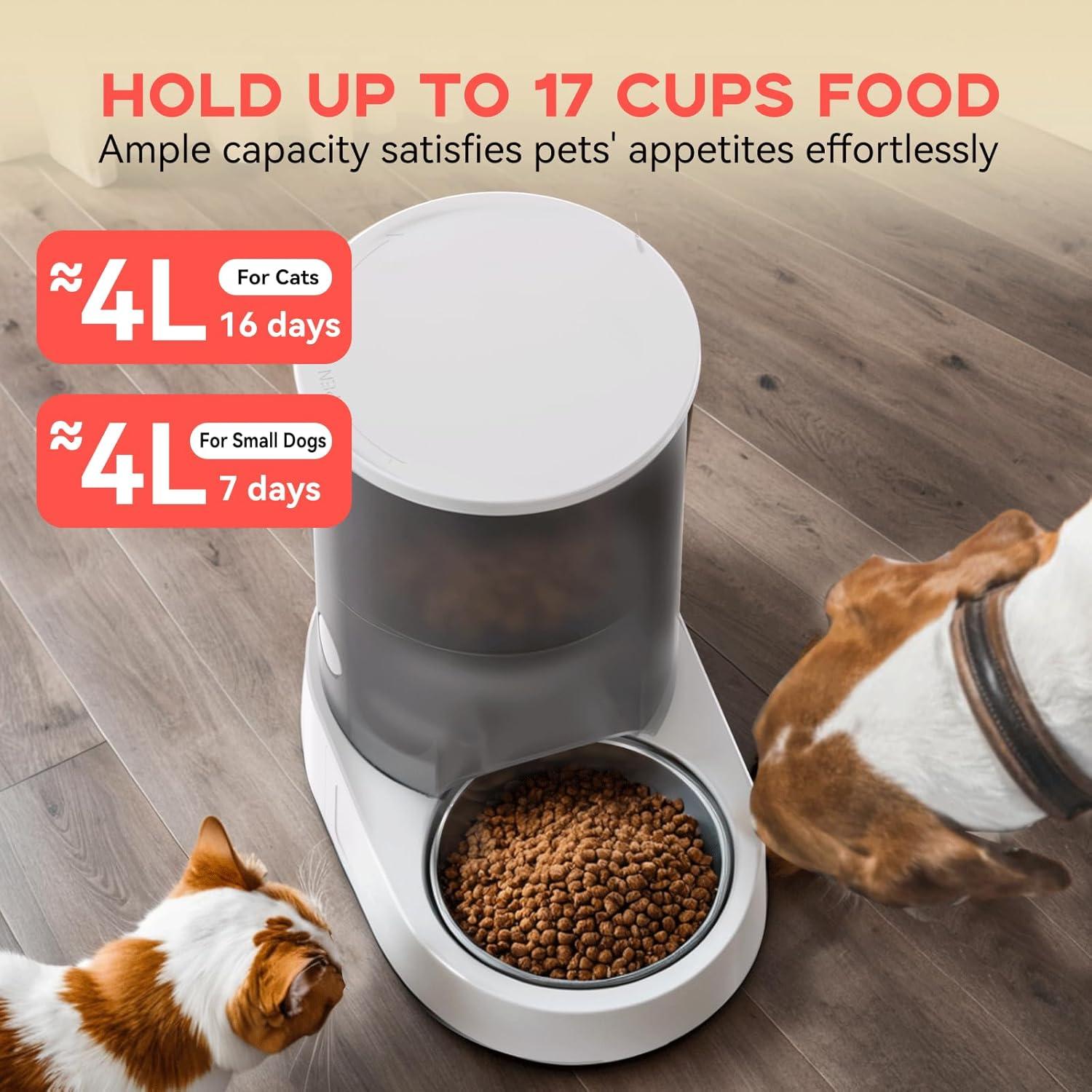 Automatic Cat Feeder with Rechargeable Battery WiFi App 4L Pet Feeder, AC Adapter 1-10 Meals/Day Airtight Dry Food Storage Easy Clean Multi-Cat Portions