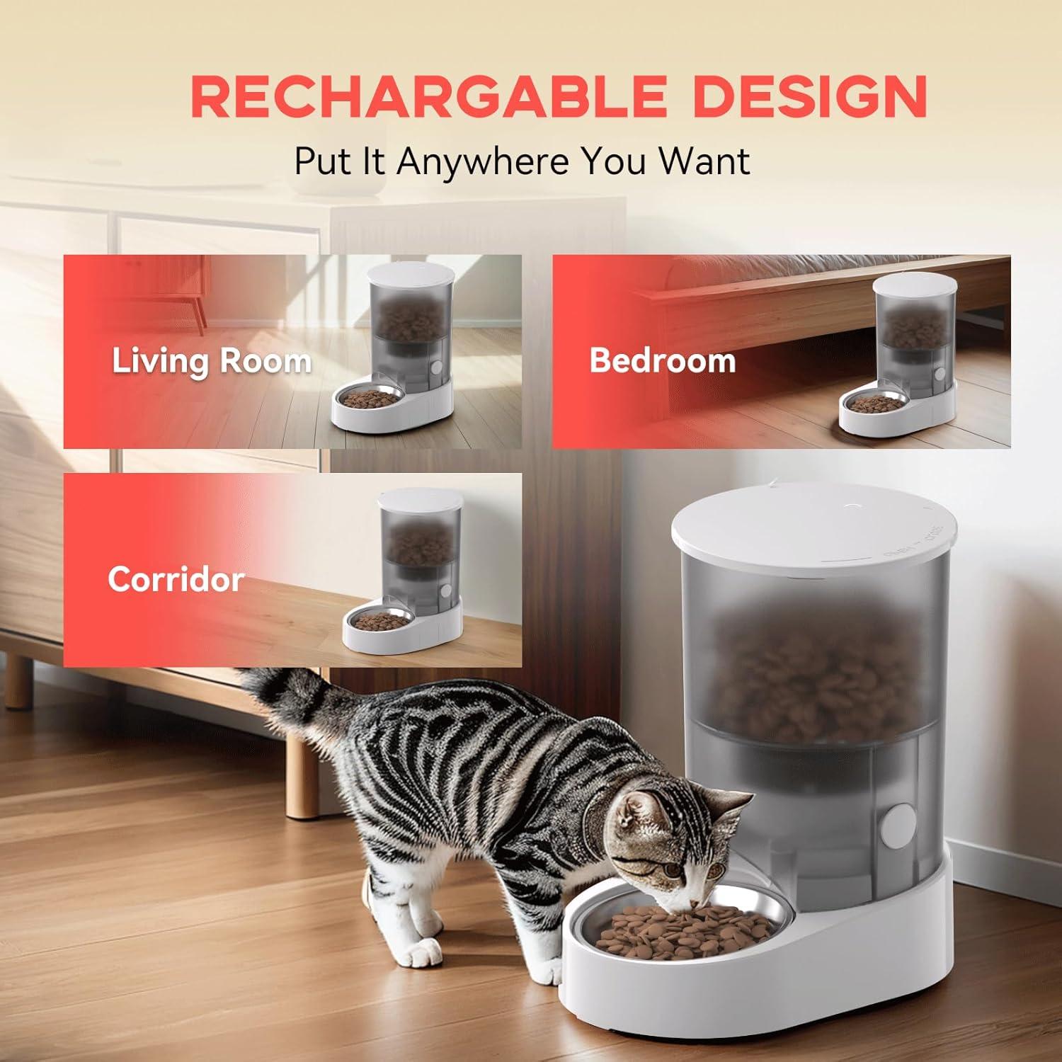 Automatic Cat Feeder with Rechargeable Battery WiFi App 4L Pet Feeder, AC Adapter 1-10 Meals/Day Airtight Dry Food Storage Easy Clean Multi-Cat Portions