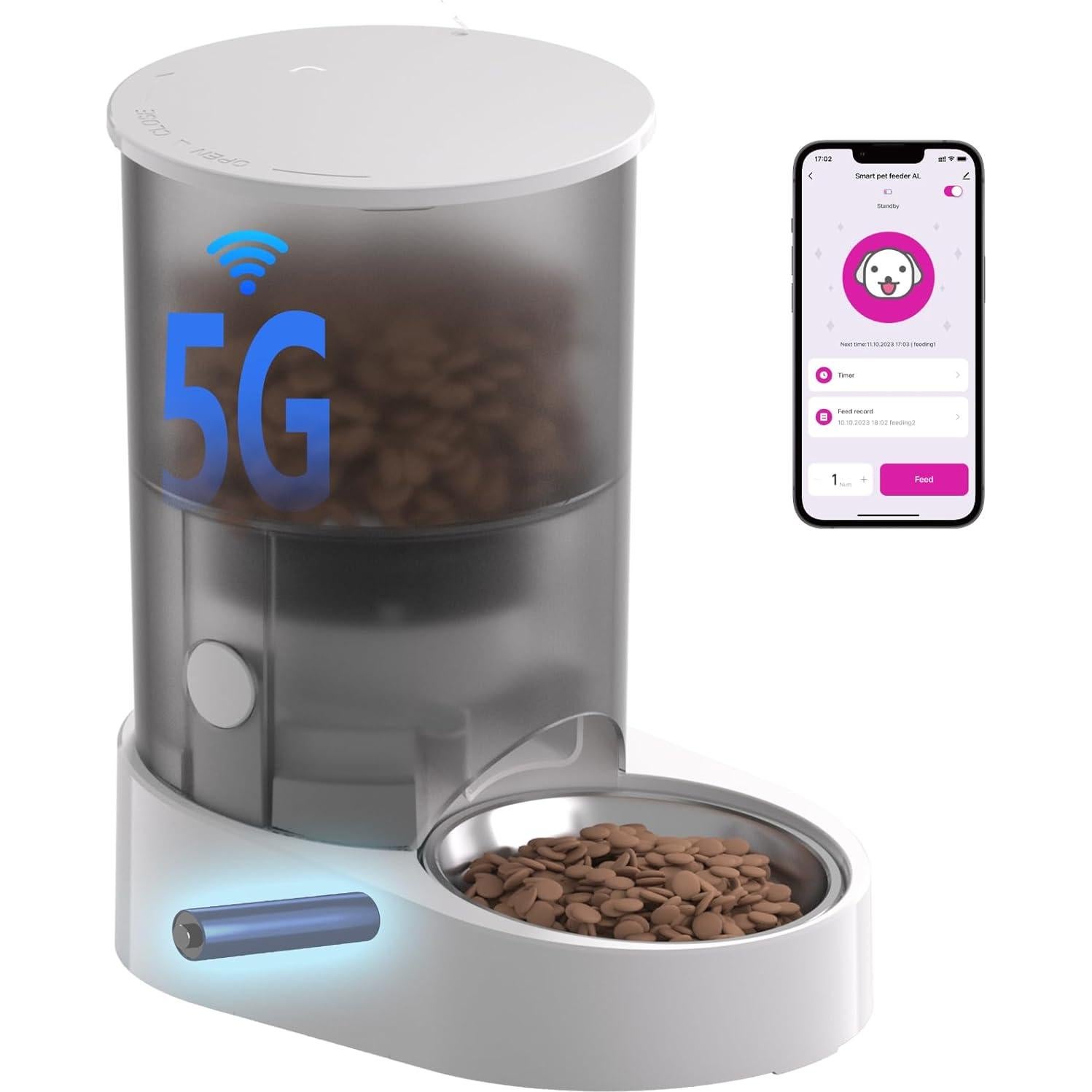 Automatic Cat Feeder with Rechargeable Battery WiFi App 4L Pet Feeder, AC Adapter 1-10 Meals/Day Airtight Dry Food Storage Easy Clean Multi-Cat Portions