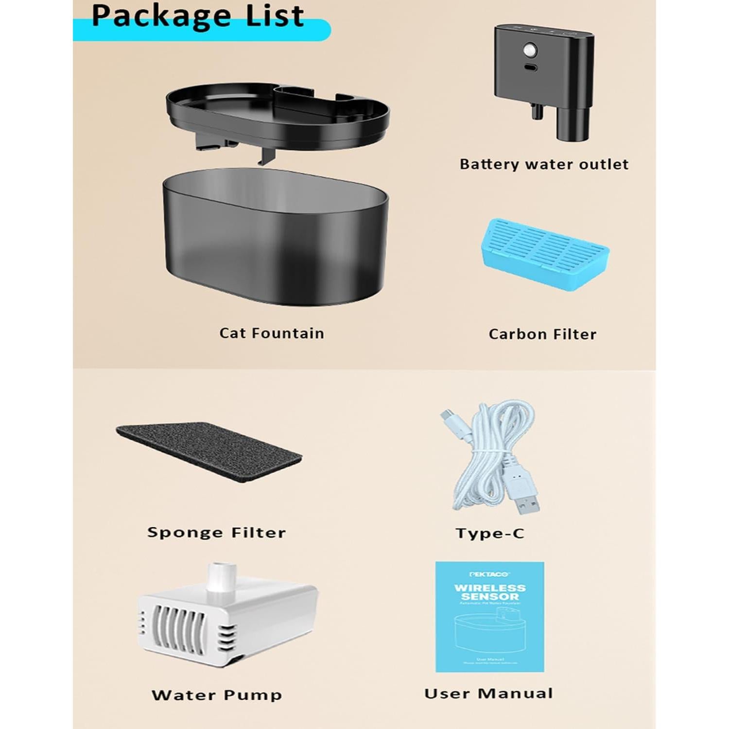 Fuente de Agua Inalámbrica PEKTACO para Gatos 2L con Sensor