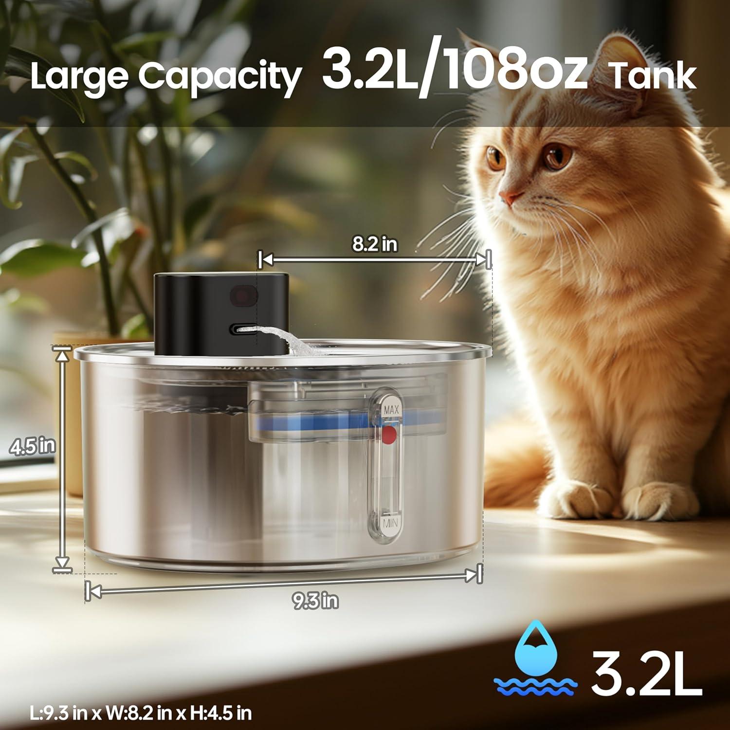 Fuente de Agua para Gatos Virtulance 3.2L Acero Inoxidable Silenciosa