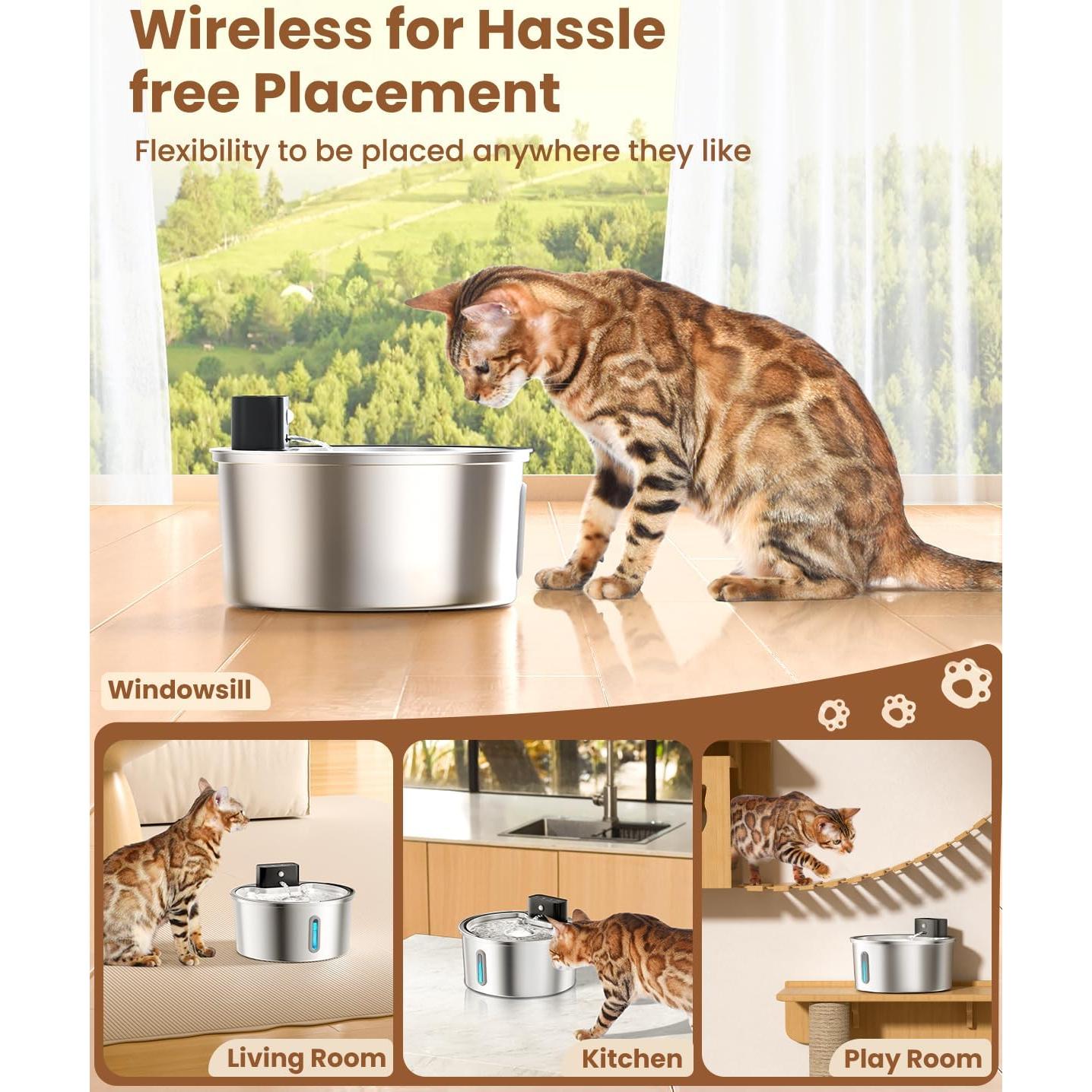 Fuente de Agua Inalámbrica PawPoll para Gatos 3.2L Acero Inoxidable