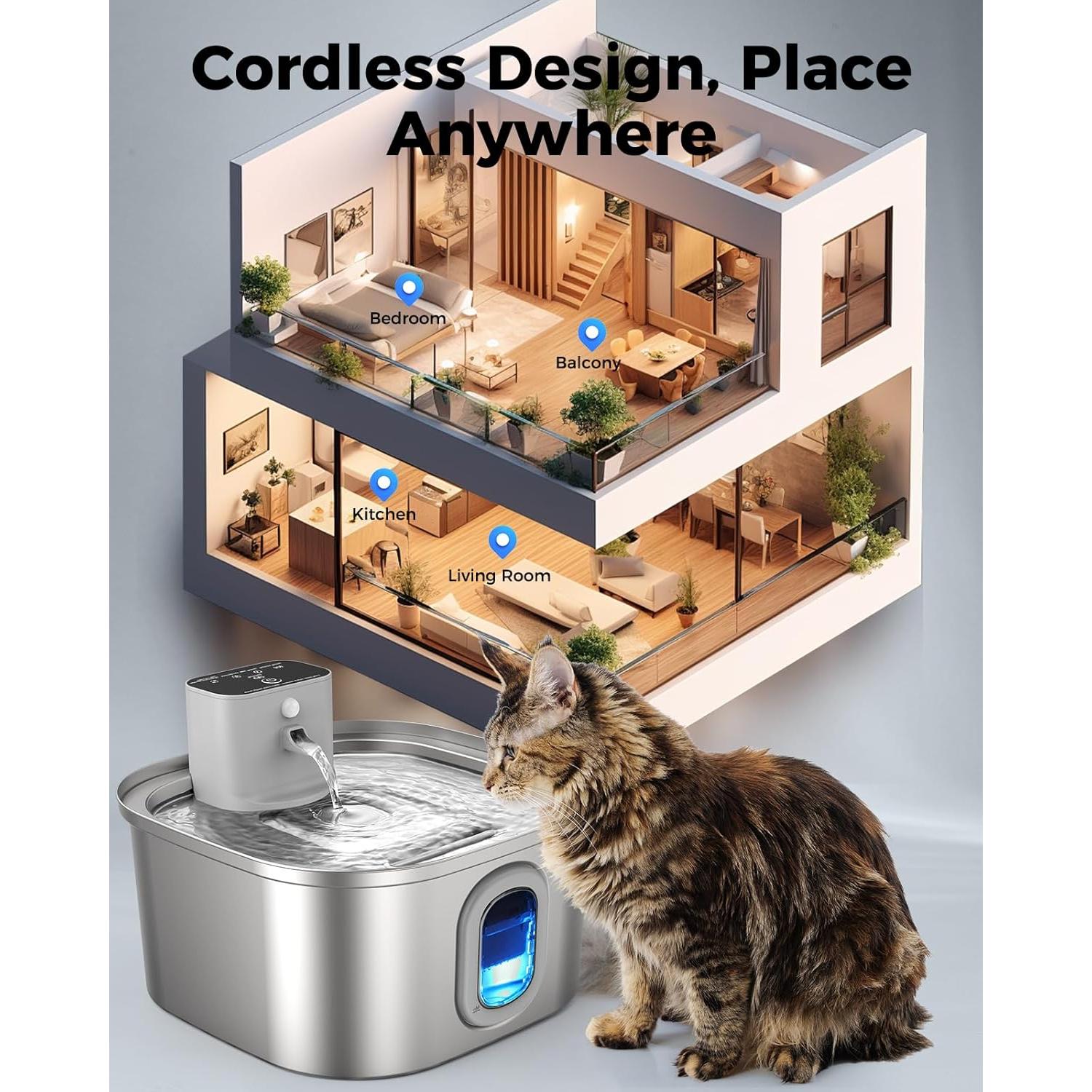 Fuente de Agua Inalámbrica para Gatos 3.2L Acero Inoxidable