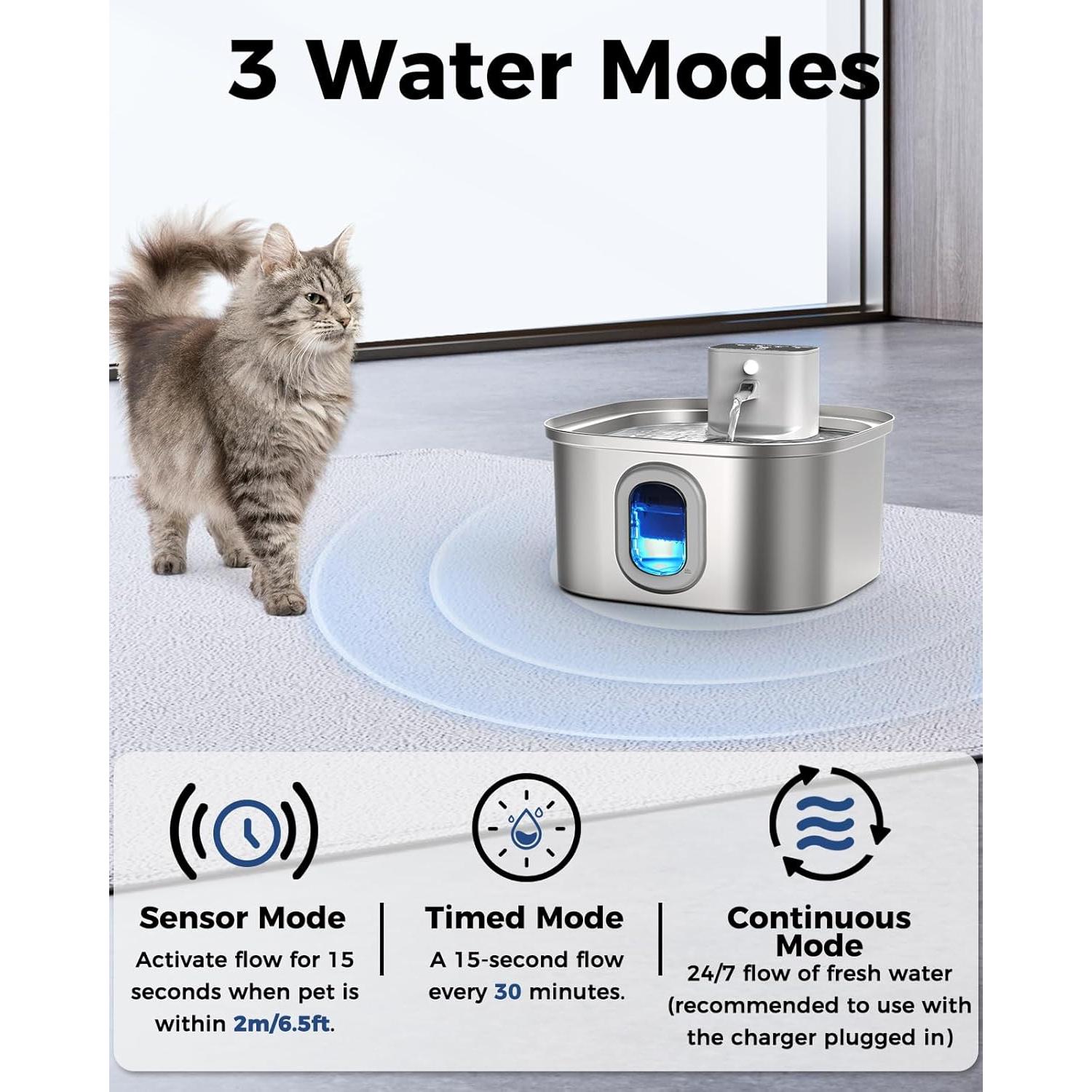 Fuente de Agua Inalámbrica para Gatos 3.2L Acero Inoxidable