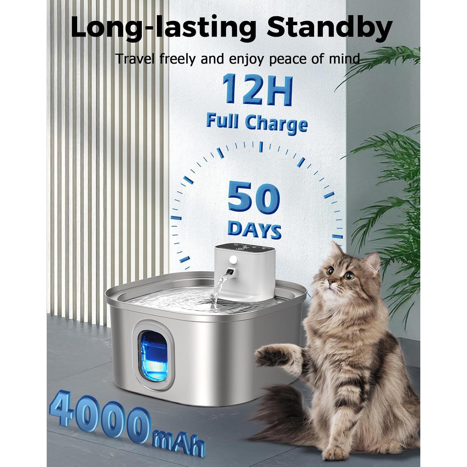 Fuente de Agua Inalámbrica para Gatos 3.2L Acero Inoxidable