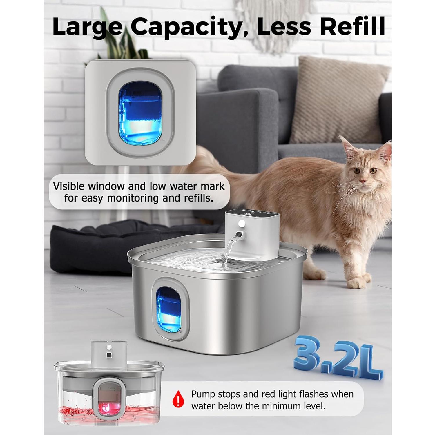 Fuente de Agua Inalámbrica para Gatos 3.2L Acero Inoxidable