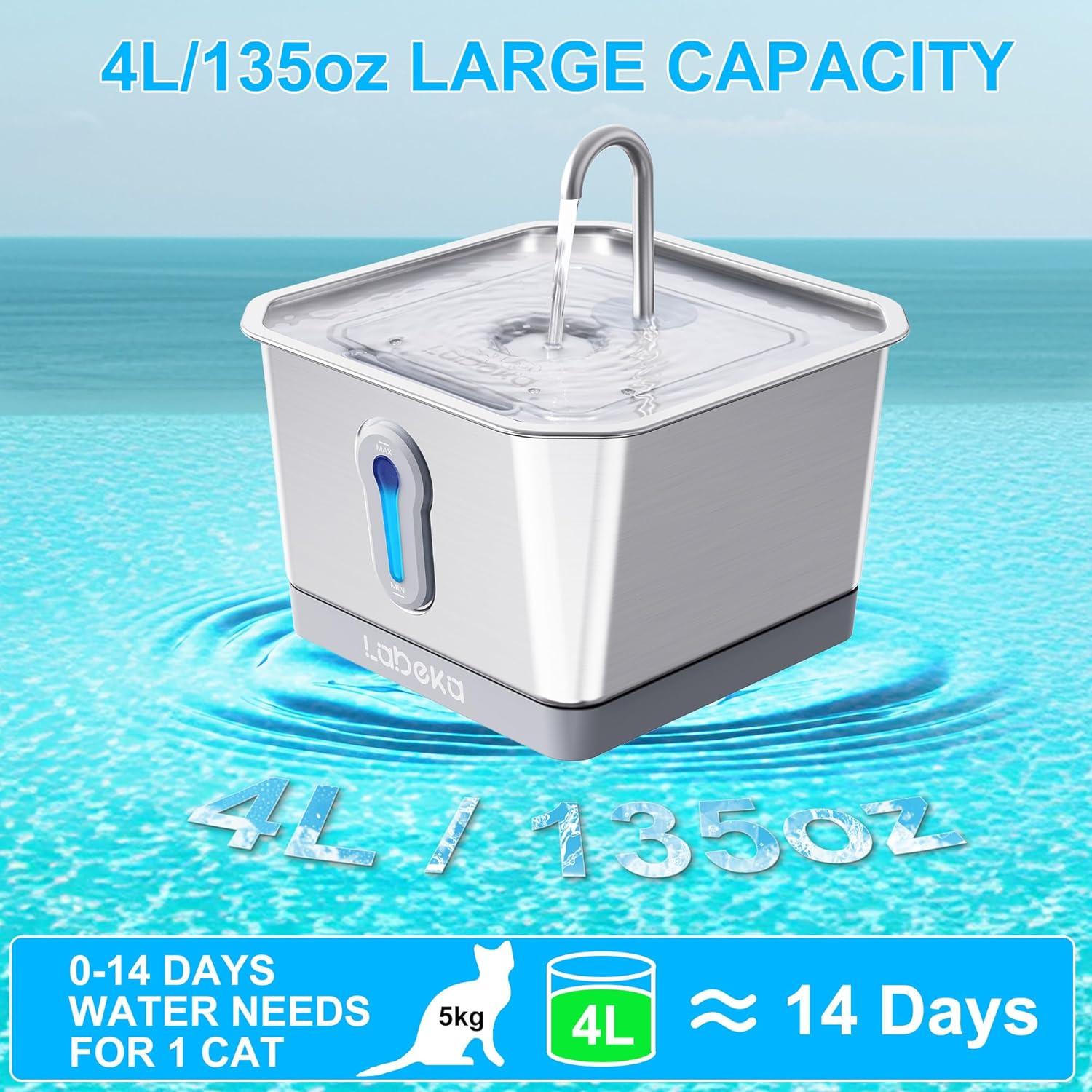 Fuente de Agua Inalámbrica para Gatos LABEKA 4L Acero Inoxidable