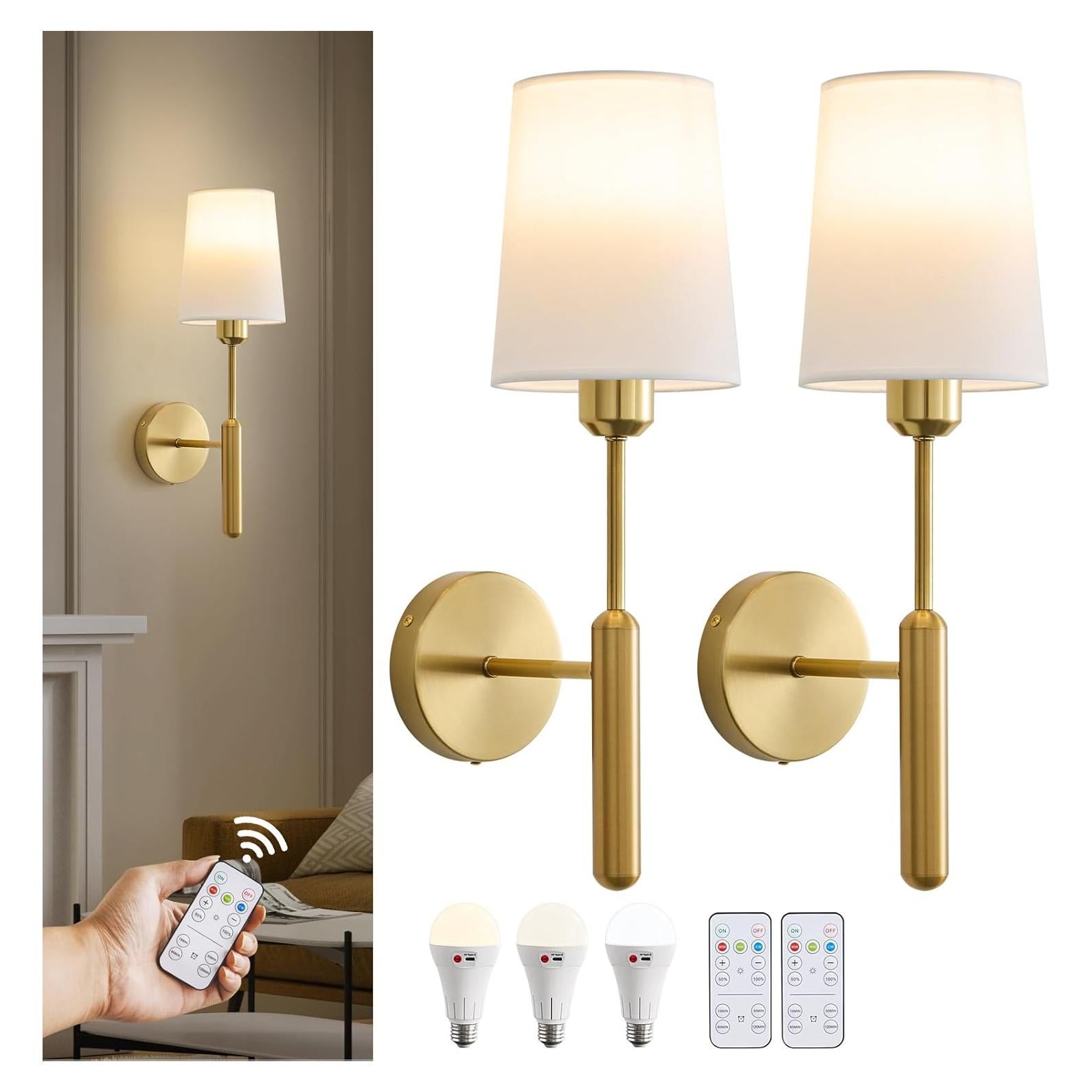 Gold Wireless Battery Operated Wall Sconce Set of 2, Cordless Battery Powered Wall Lights with Remote, Dimmable Rechargeable Wall Lamp Decor in Door for Bedroom Living Room, 5000mAH