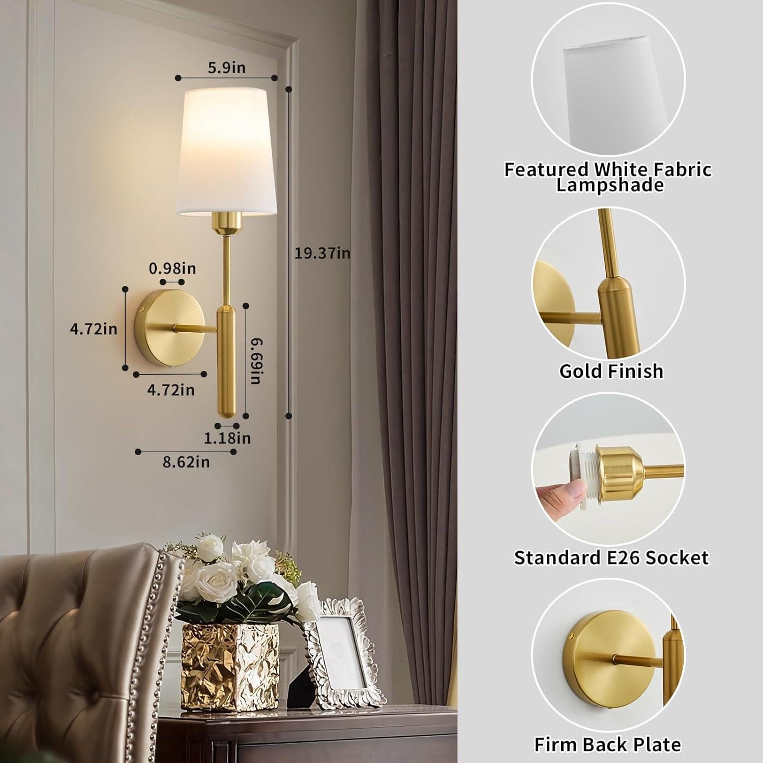 Gold Wireless Battery Operated Wall Sconce Set of 2, Cordless Battery Powered Wall Lights with Remote, Dimmable Rechargeable Wall Lamp Decor in Door for Bedroom Living Room, 5000mAH