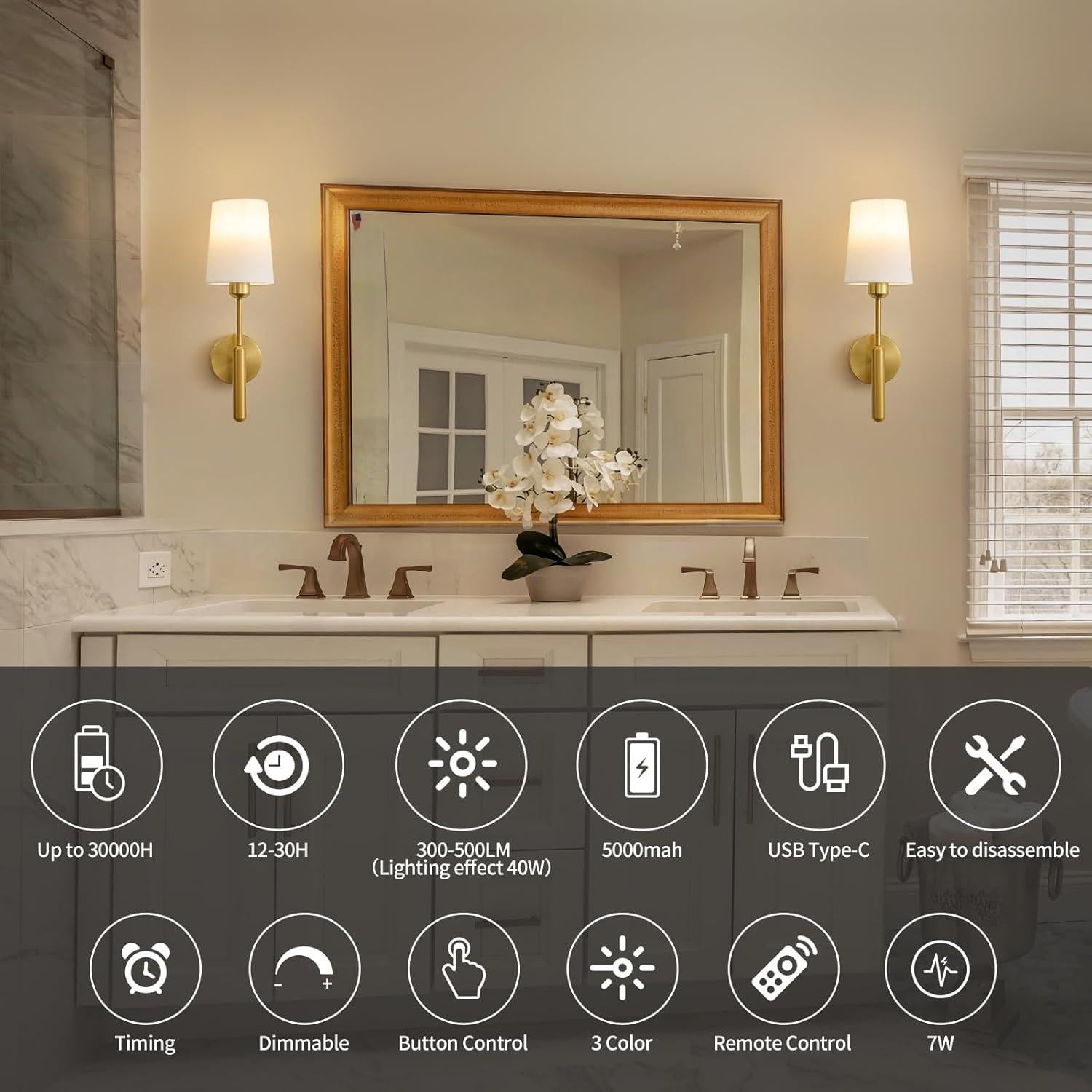 Gold Wireless Battery Operated Wall Sconce Set of 2, Cordless Battery Powered Wall Lights with Remote, Dimmable Rechargeable Wall Lamp Decor in Door for Bedroom Living Room, 5000mAH