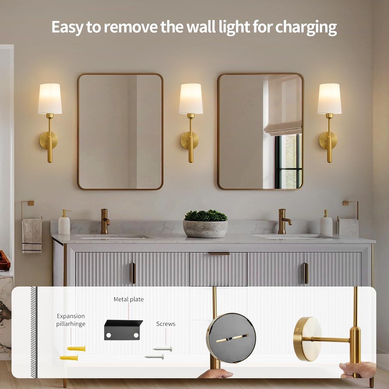 Gold Wireless Battery Operated Wall Sconce Set of 2, Cordless Battery Powered Wall Lights with Remote, Dimmable Rechargeable Wall Lamp Decor in Door for Bedroom Living Room, 5000mAH