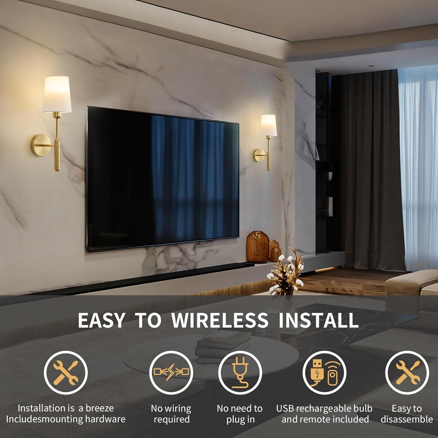 Gold Wireless Battery Operated Wall Sconce Set of 2, Cordless Battery Powered Wall Lights with Remote, Dimmable Rechargeable Wall Lamp Decor in Door for Bedroom Living Room, 5000mAH